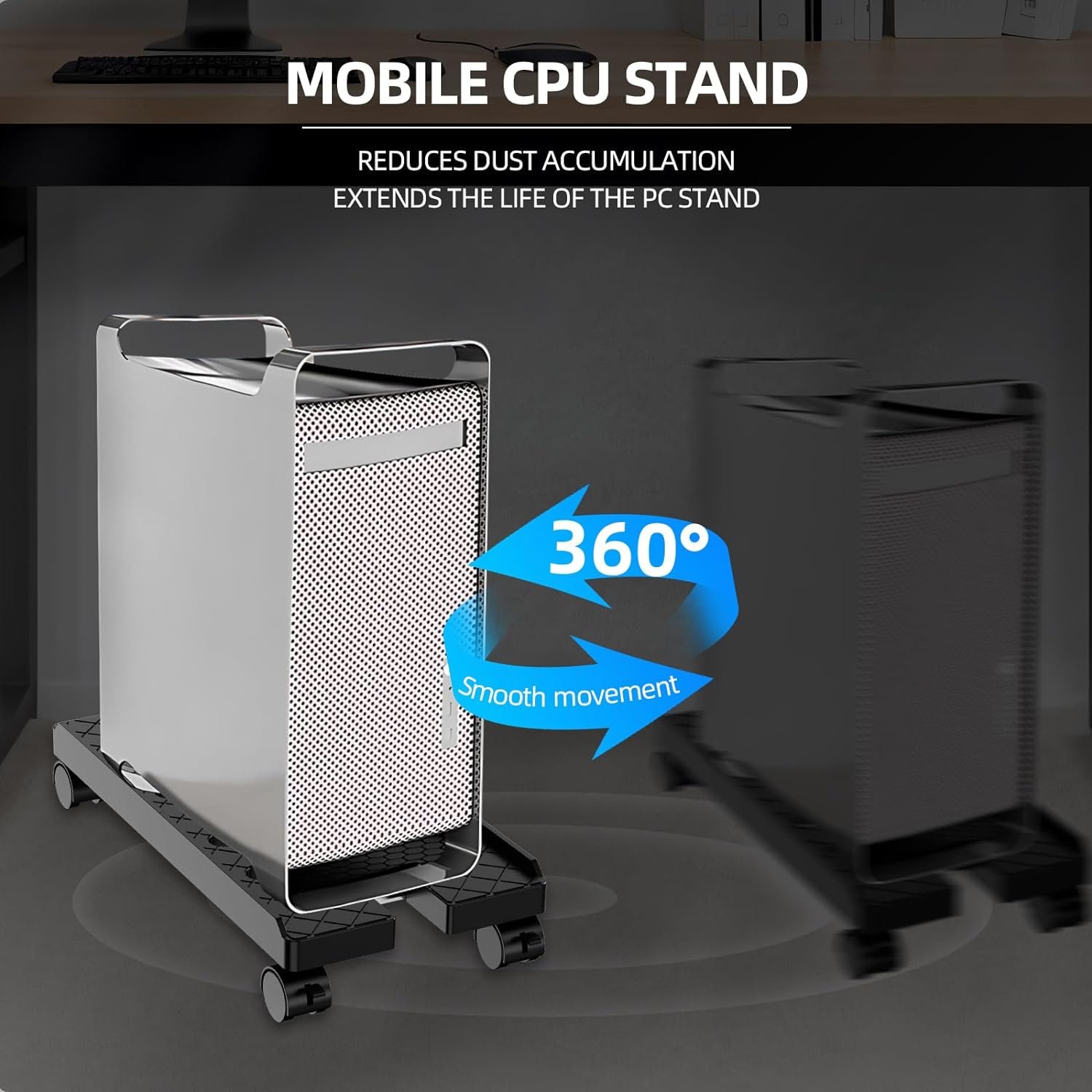 Adjustable Mobile CPU Stand, Ventilated Computer Tower Stand PC Tower Stand with 4 Caster Wheels Fits Most PC, Under Desk CPU Holder PC Floor Cart PC Riser for Gamers and Students (Black)