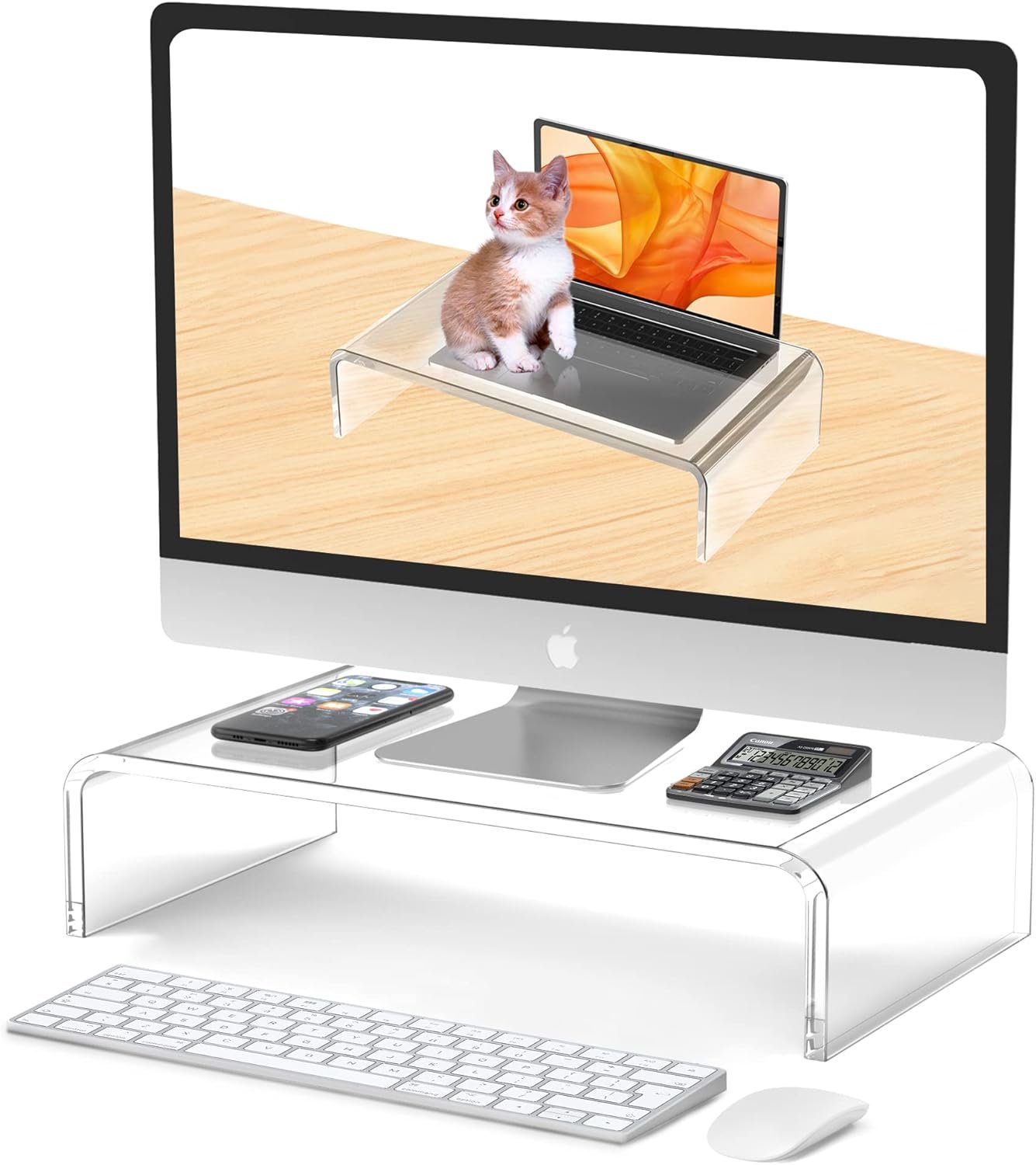 Beimu Acrylic Monitor Stand Riser Acrylic Laptop Stand for Desk Clear Computer Monitor Stand for Desk Accessories White Aesthetic Decorations for Office Home iMac Organizer