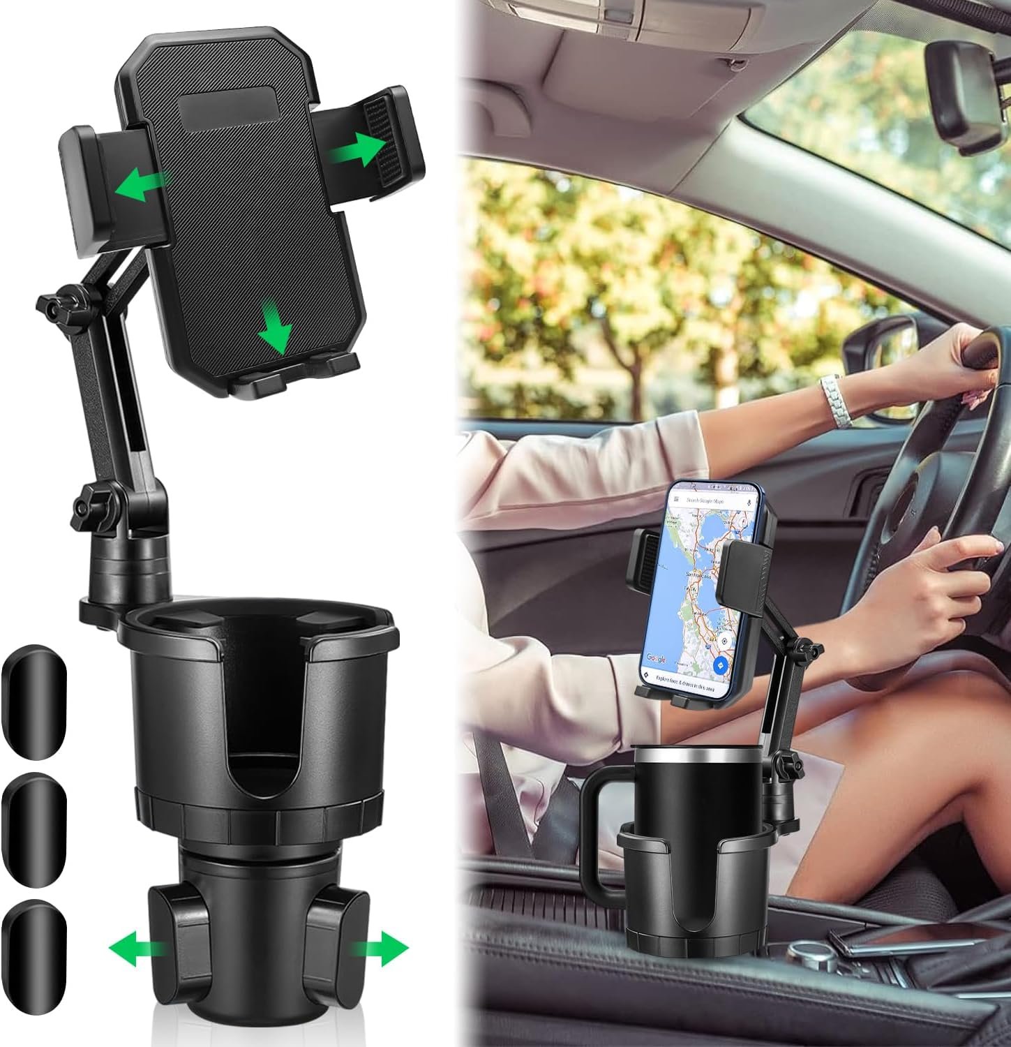 Car Cup Phone Holder Expander, 2 in 1 Car Cup Holder with Phone Mount, Cell Phone Cup Holder Car Mount for Stanley 10-40oz Bottles, Car Phone Holder Cup Holder Fits All Cellphone