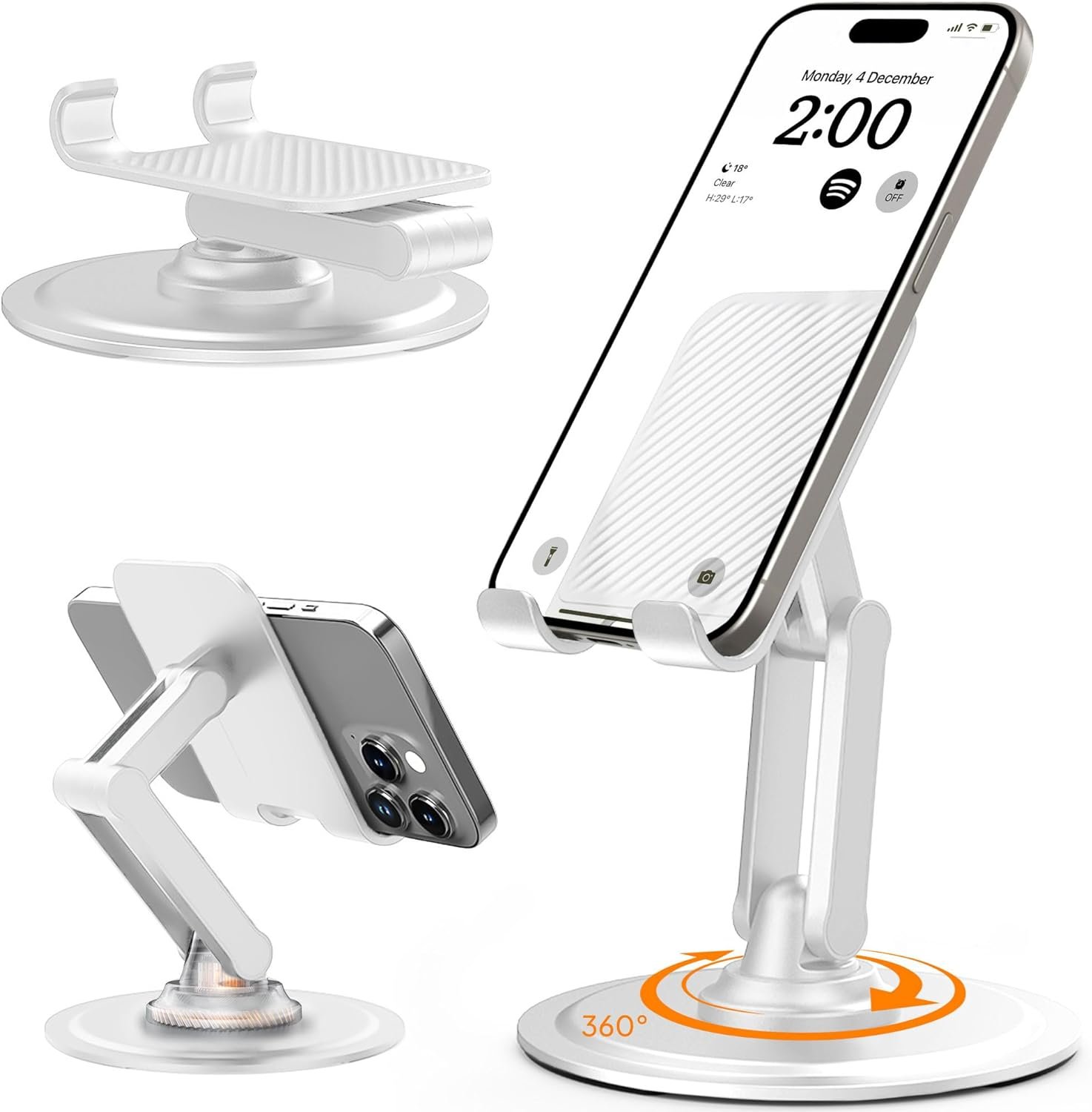 Cooper 360° Stand - Adjustable Cell Phone Stand for Desk | 360° Click-Rotating, Multi-Angle, Non-Slip Metal Base, Foldable  Portable | iPhone Stand for Desk, Cell Phone Stand Holder (Cream White)