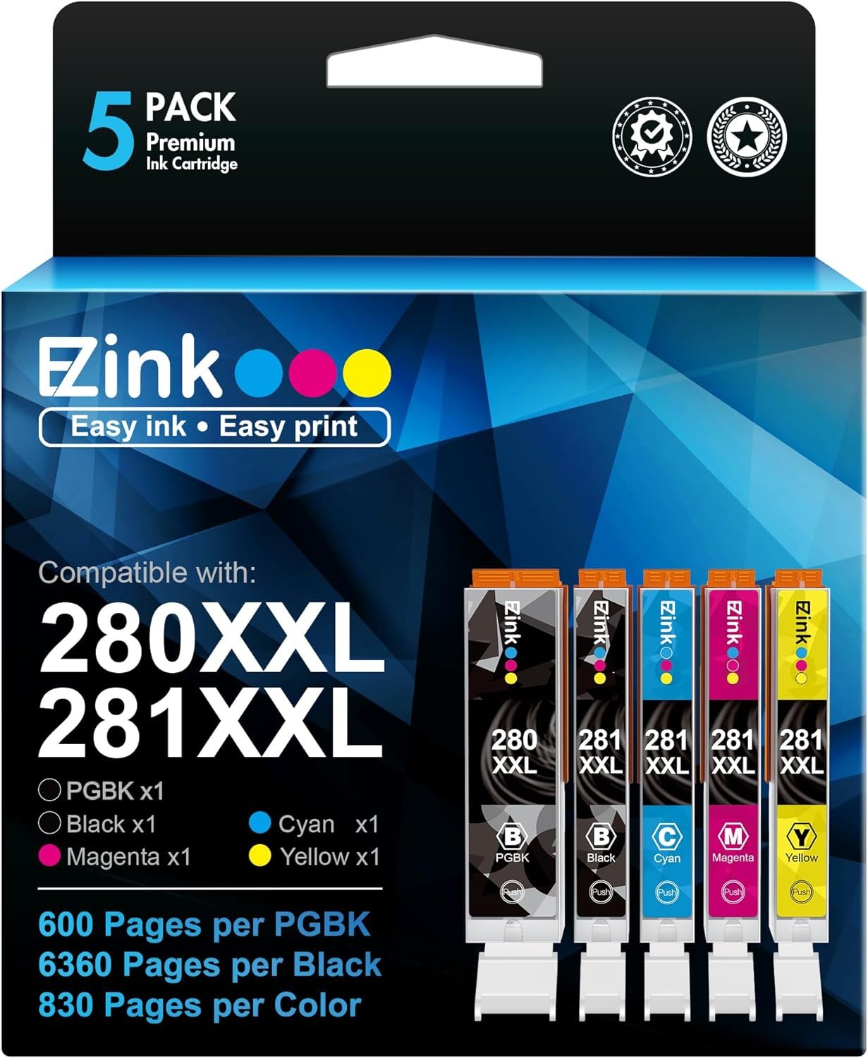 E-Z Ink (TM Compatible TR8620a Ink Cartridge Replacement for Canon PGI-280XXL CLI-281XXL 280 XXL 281 XXL Compatible with TR8620a TR8620 TS702a TS9520 TS9521C TR8520 TS6220 TS6320 TS8220 (5 Pack)