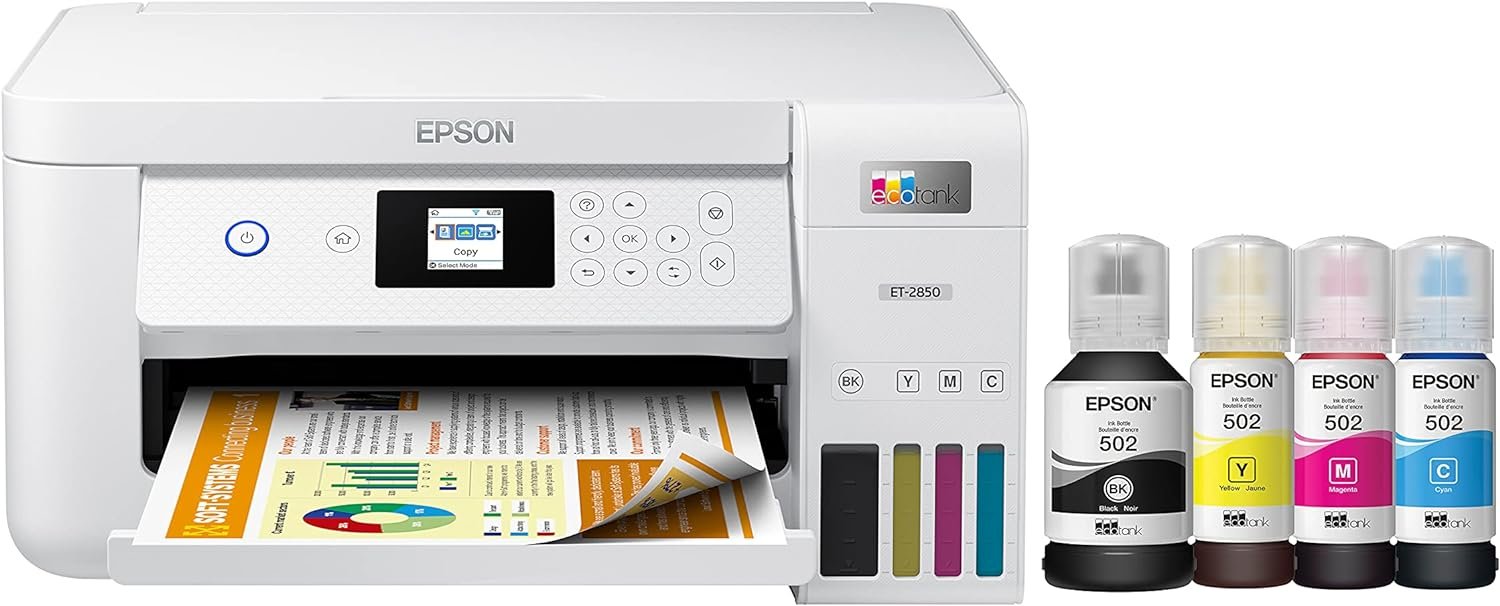 Epson EcoTank ET-2850 Wireless Color All-in-One Cartridge-Free Supertank Printer with Scan, Copy and Auto 2-Sided Printing - White, Medium