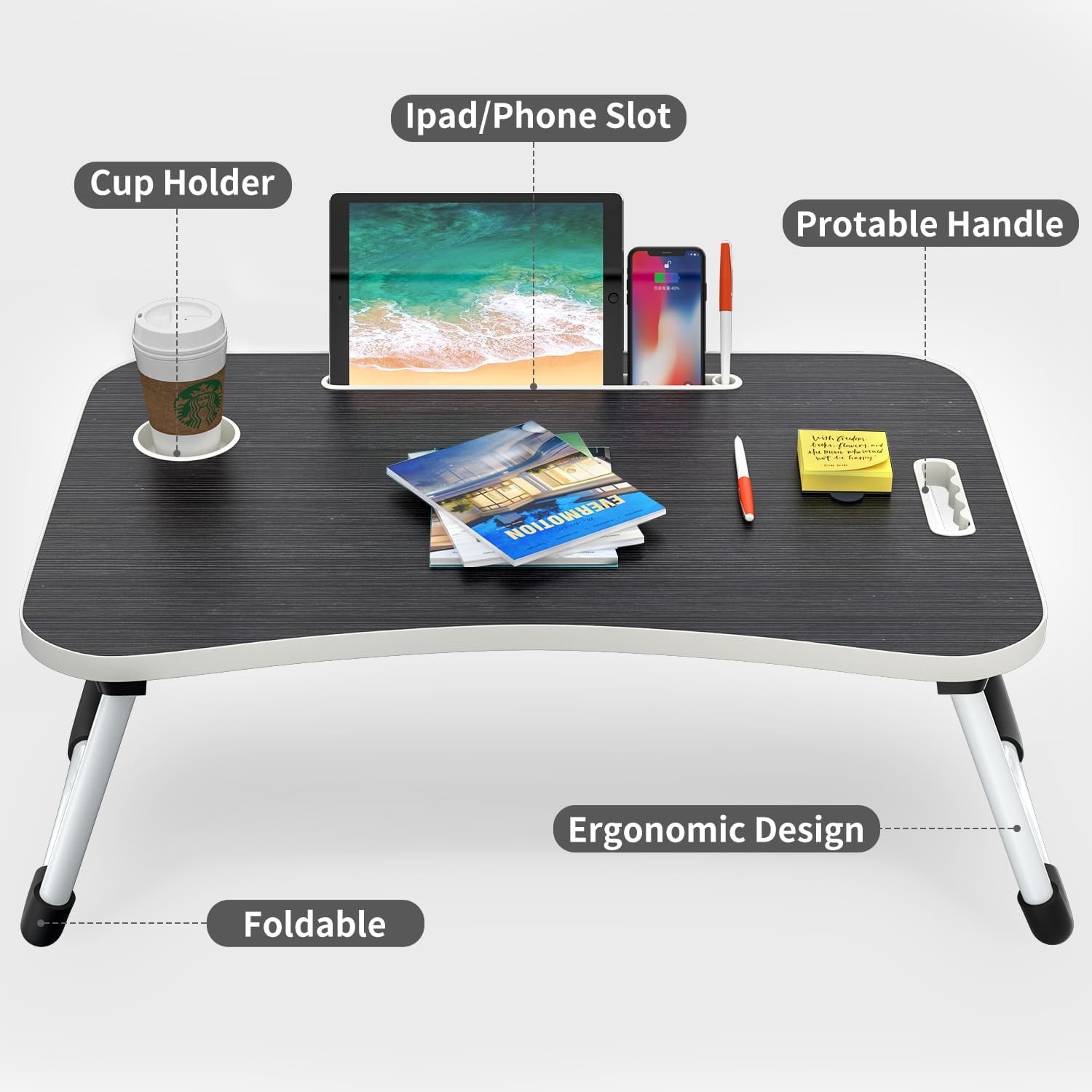 Folding Lap Desk, 23.6 Inch Portable Wood Black Laptop Bed Desk Lap Desk with Cup Holder, for Working Reading Writing, Eating, Watching Movies for Bed Sofa Couch Floor