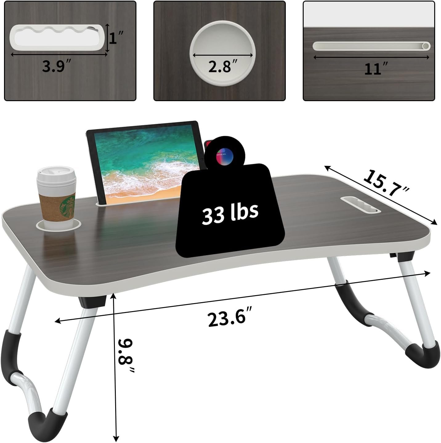 Folding Lap Desk, 23.6 Inch Portable Wood Black Laptop Bed Desk Lap Desk with Cup Holder, for Working Reading Writing, Eating, Watching Movies for Bed Sofa Couch Floor