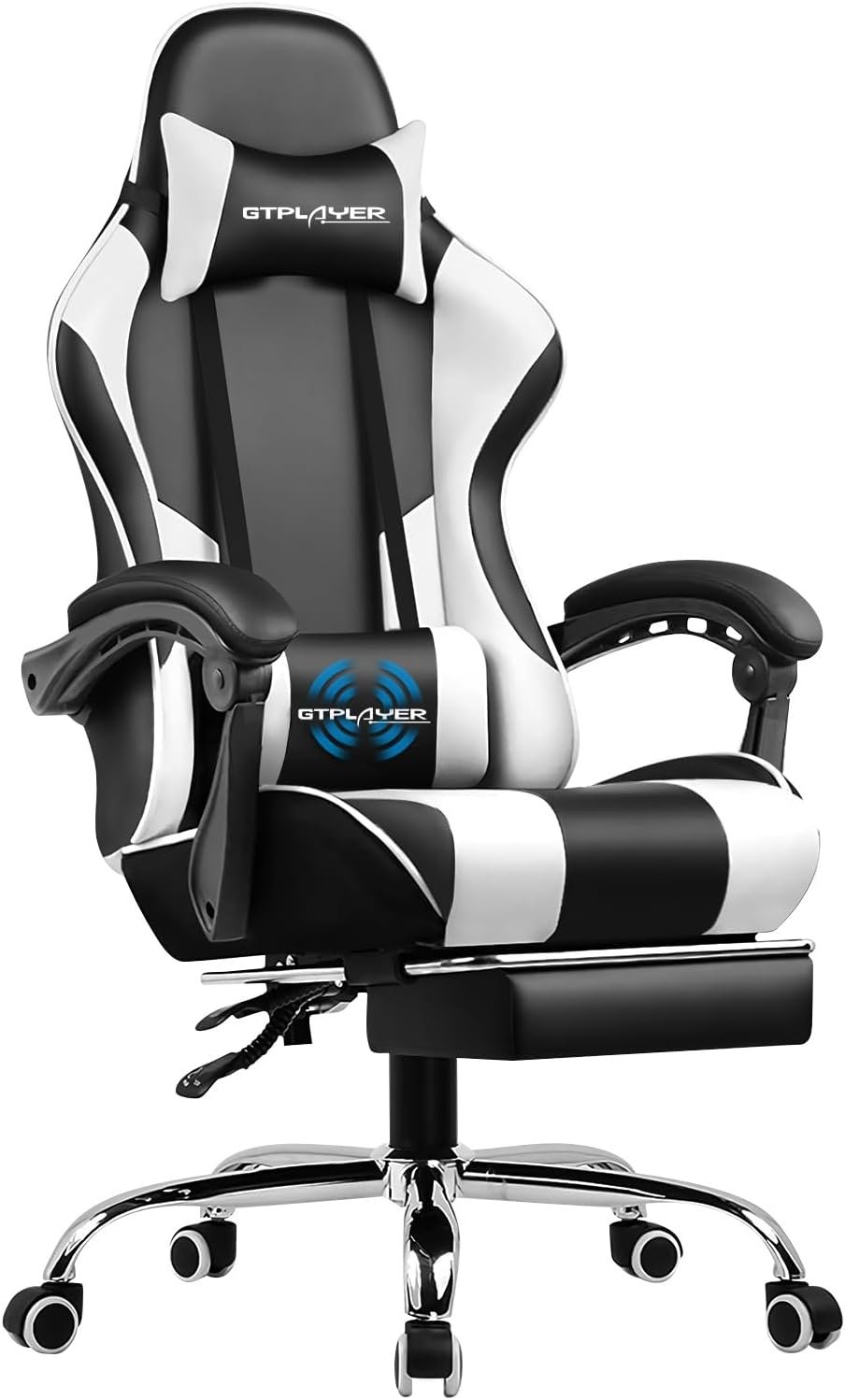 GTPLAYER Gaming Chair, Computer Chair with Footrest and Lumbar Support, Height Adjustable Game Chair with 360°-Swivel Seat and Headrest and for Office or Gaming (White)