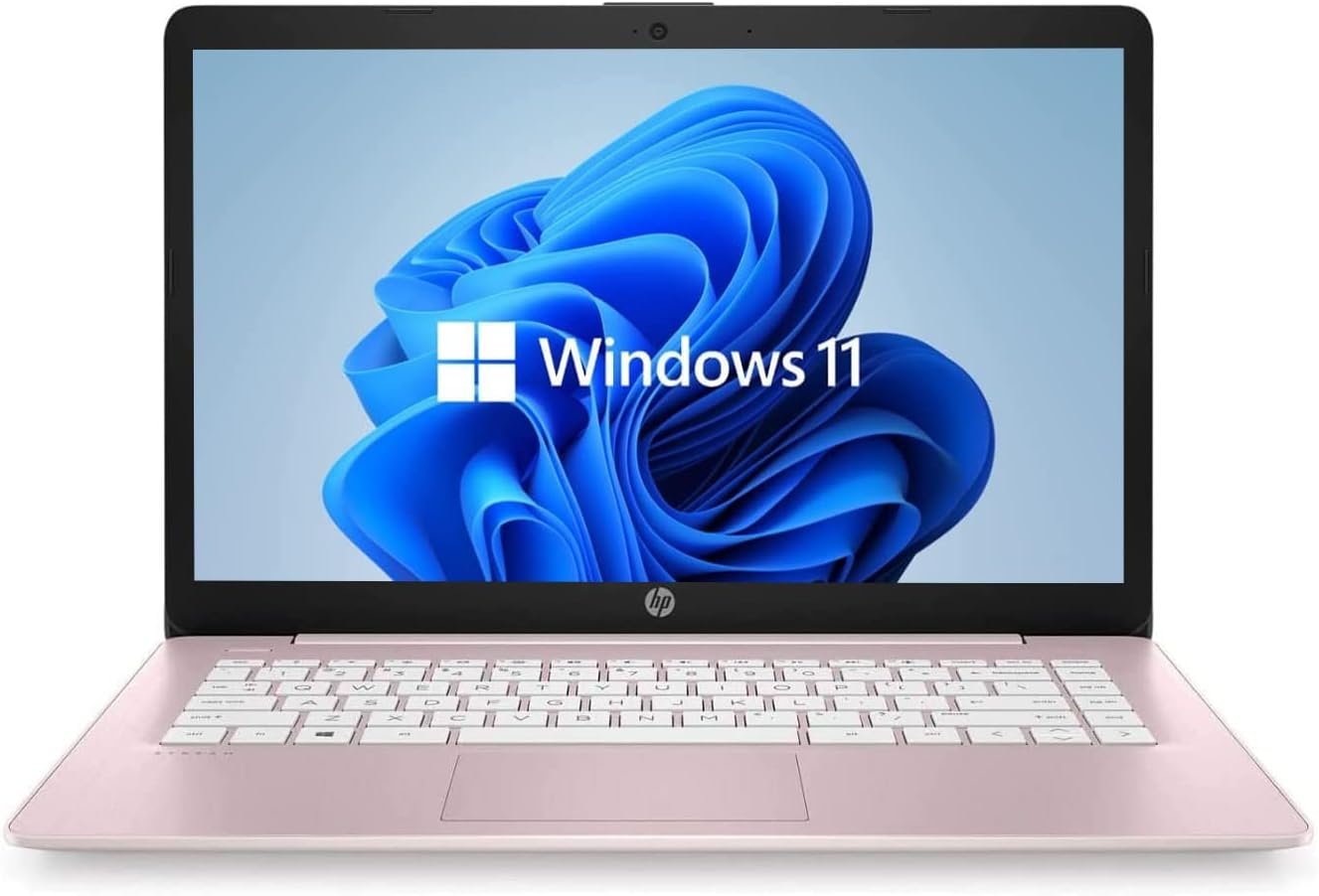 HP Newest 14 HD Laptop, Windows 11, Intel Celeron Dual-Core Processor Up to 2.60GHz, 4GB RAM, 64GB SSD, Webcam, Dale Pink(Renewed) (Dale Pink)