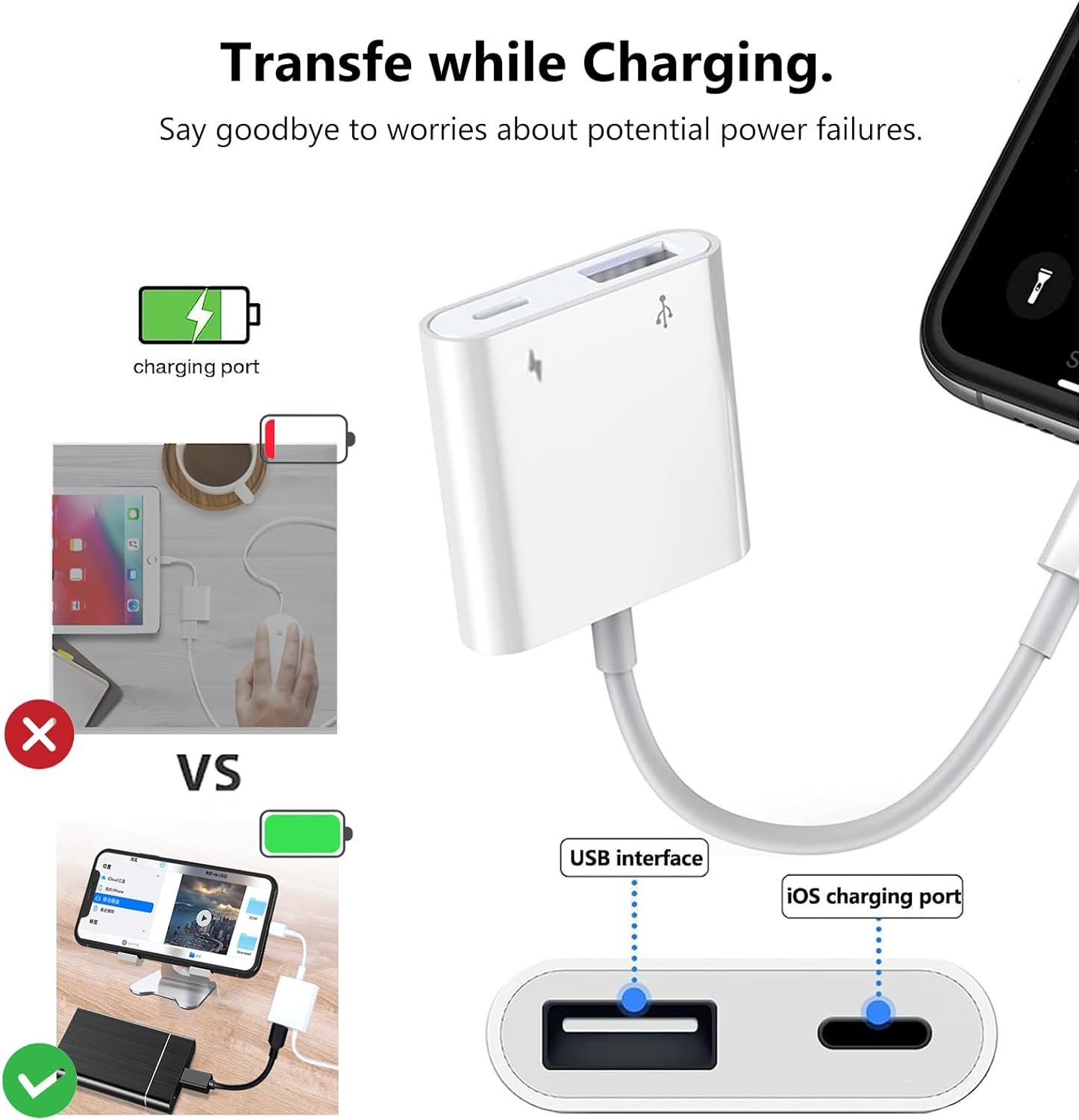 Lightning to USB Camera Adapter for iPhone with Charging Port USB 3.0 Female OTG Cable for iPad to Connect Card Reader USB Flash Drive U Disk Keyboard Mouse Hubs Midi