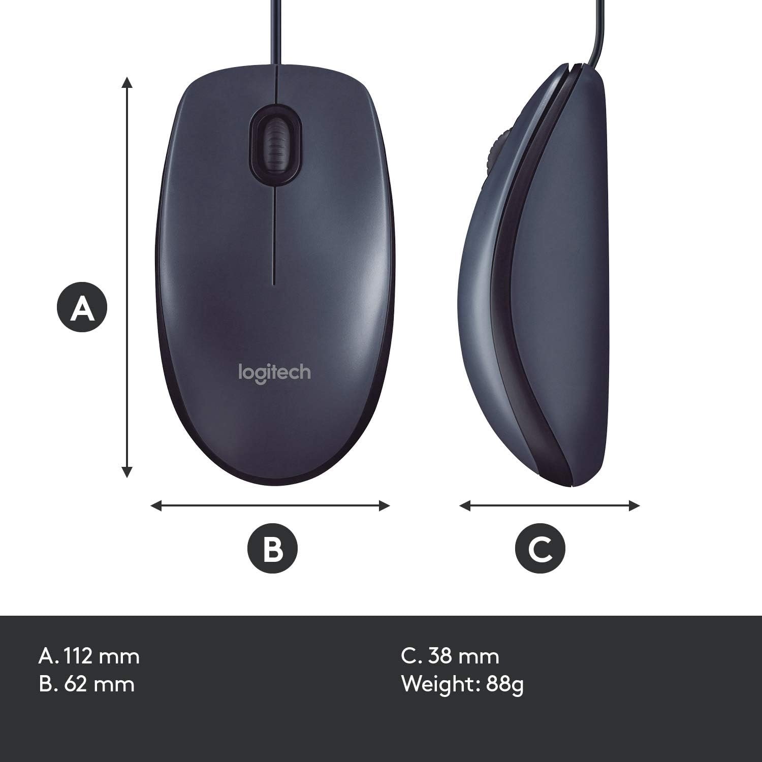 Logitech B100 Corded Mouse, Wired USB Mouse for Computers and Laptops, Right or Left Hand Use - Black