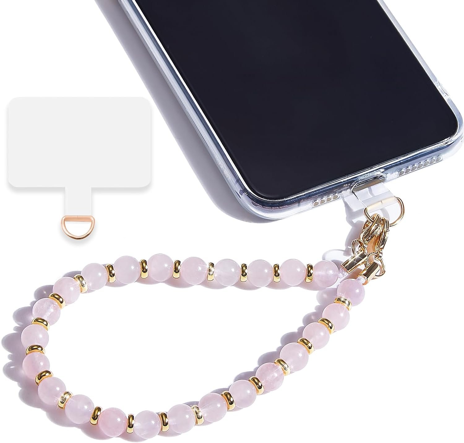 Marble Beaded Phone Wrist Strap,Detachable Cellphone Lanyard with Tether Tab,Hands-Free Wristlet Bracelet,Adjustable Phone Charm Grip for Women (Rose Quartz, Stone)