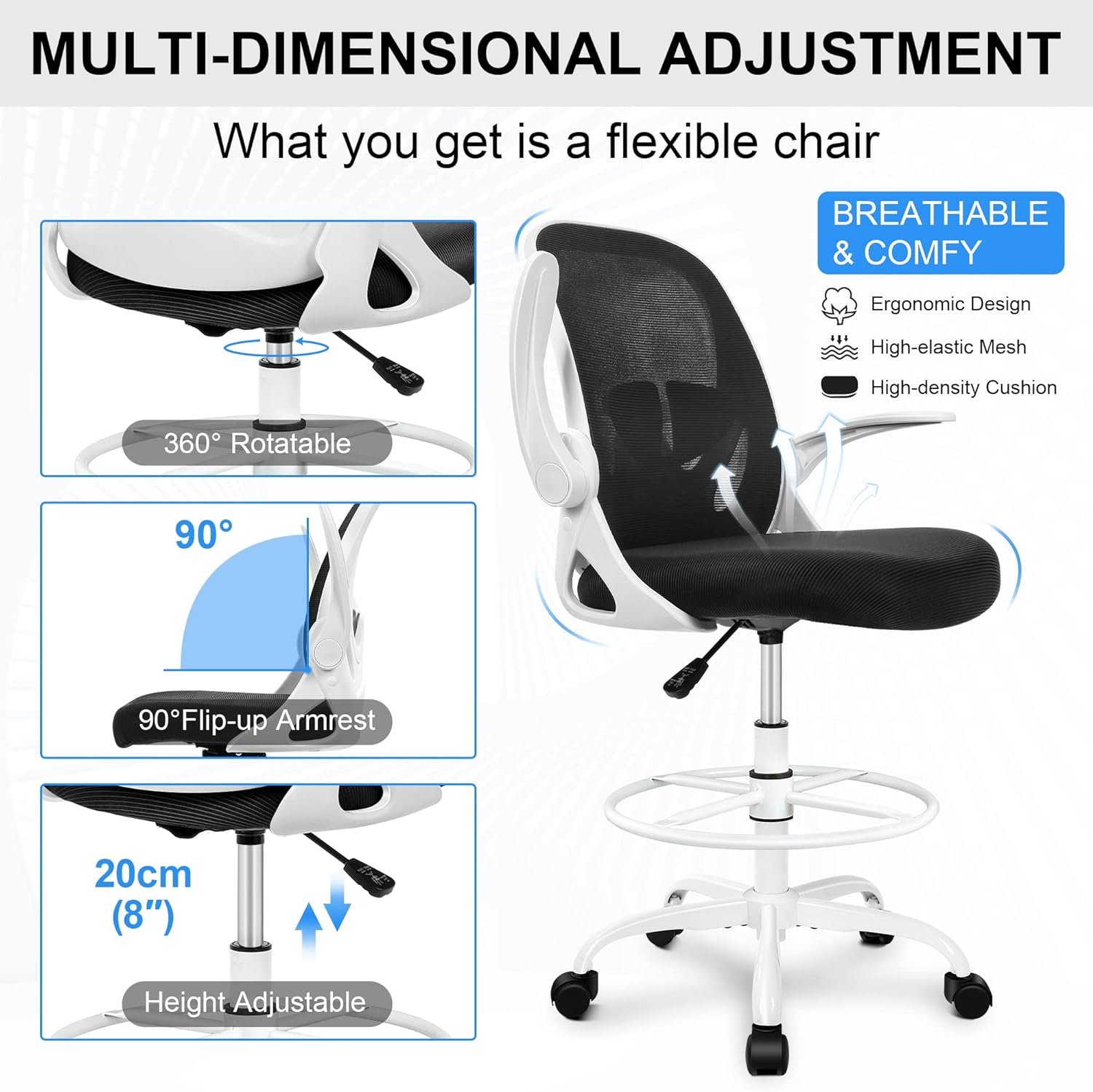 Primy Drafting Chair Tall Office Chair with Flip-up Armrests Executive Ergonomic Computer Standing Desk Chair with Lumbar Support and Adjustable Footrest Ring (Black)