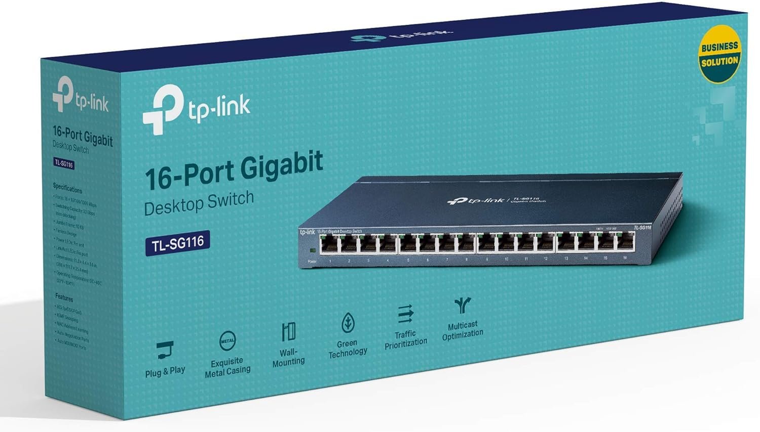 TP-Link 16 Port Gigabit Ethernet Network Switch, Desktop/ Wall-Mount, Fanless, Sturdy Metal w/ Shielded Ports, Traffic Optimization, Unmanaged (TL-SG116) Black