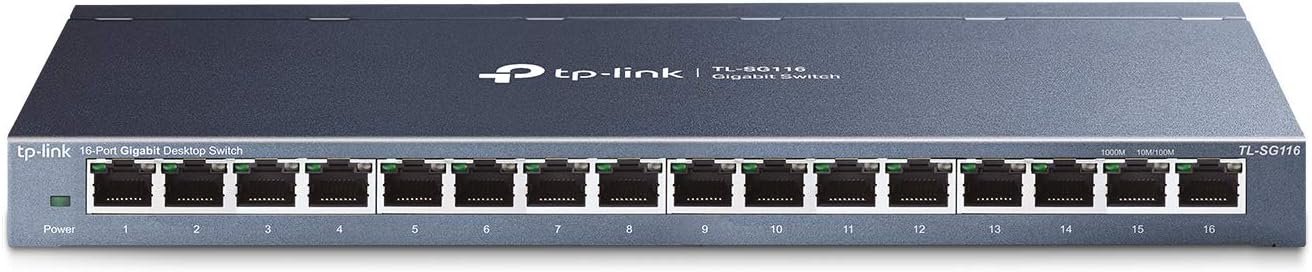 TP-Link 16 Port Gigabit Ethernet Network Switch, Desktop/ Wall-Mount, Fanless, Sturdy Metal w/ Shielded Ports, Traffic Optimization, Unmanaged (TL-SG116) Black