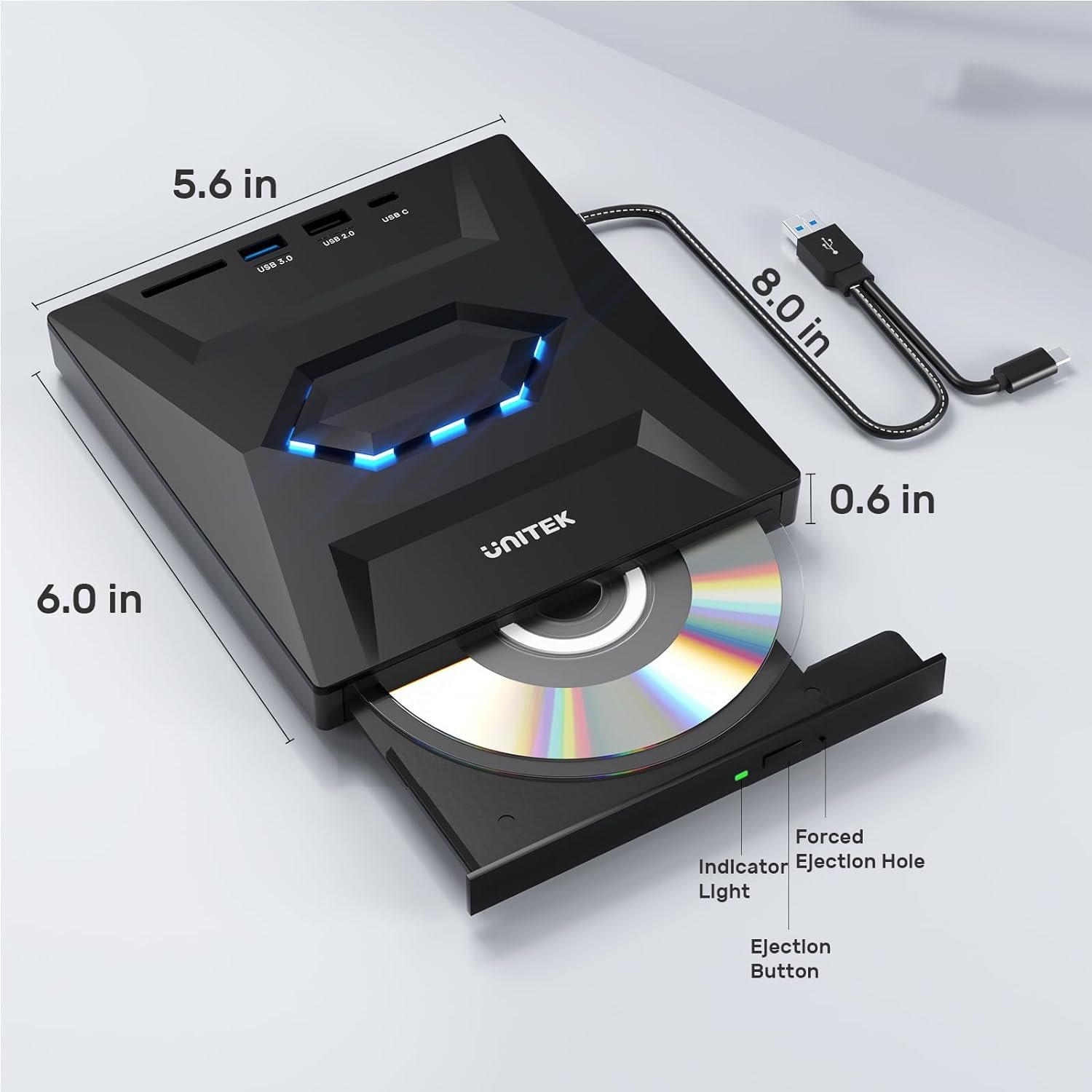 Unitek External CD DVD Drive, USB C Portable CD/DVD +/-RW Drive/DVD Player with SD Card Reader USB 3.0 USB C Hub CD ROM Burner Compatible with Laptop Desktop PC Windows Linux OS Apple Mac