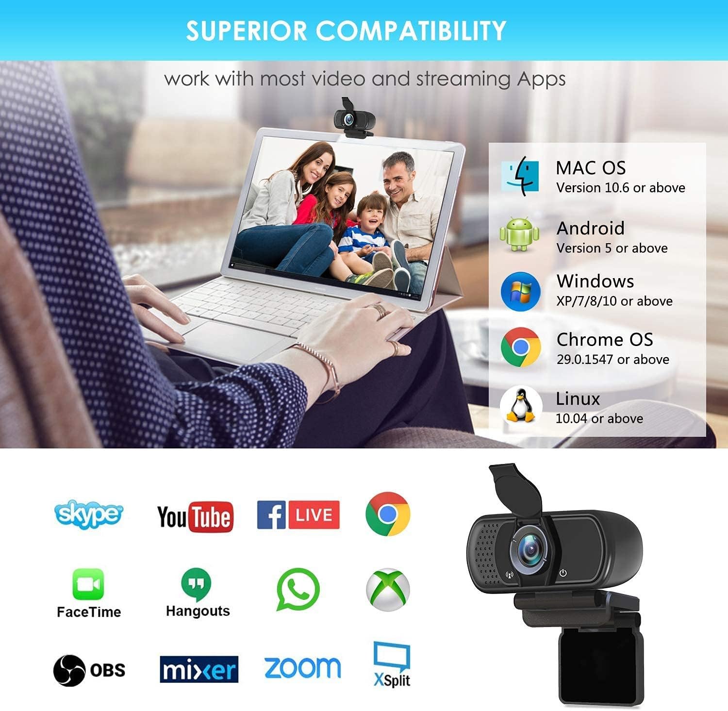 XPCAM Full HD 1080P Webcam with Privacy Shutter and Tripod, Pro Streaming Web Camera with Microphone, Widescreen USB Computer Camera for PC Mac Laptop Desktop