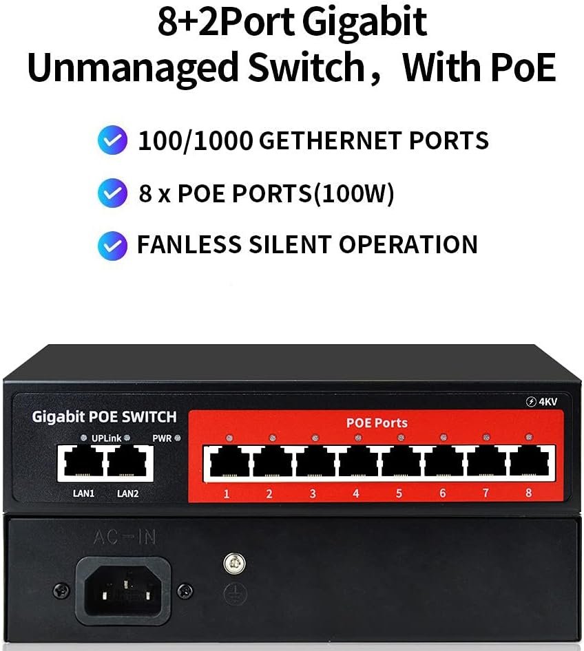 8 Port Gigabit PoE Switch with 2 Gigabit Uplink,802.3af/at Compliant,120W Built-in Power,Unmanaged Metal Plug and Play