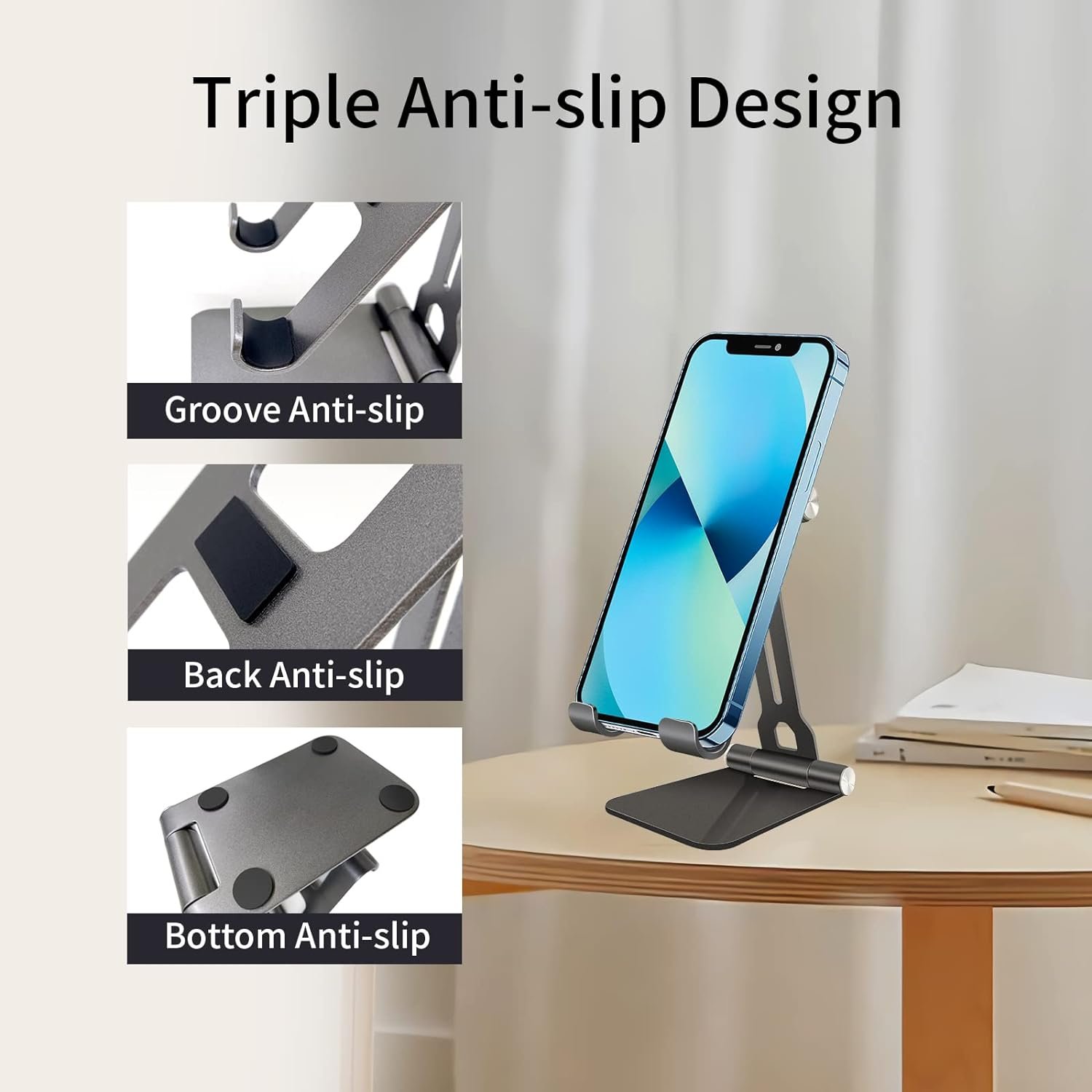 Adjustable Cell Phone Stand, Foldable Metal Desktop Phone Holder/Cradle/Dock Compatible with iPhone 14 13 12 Pro Max SE X XS 8 Plus/iPad/Samsung, All Smartphone, Office Desk Accessories (Black)