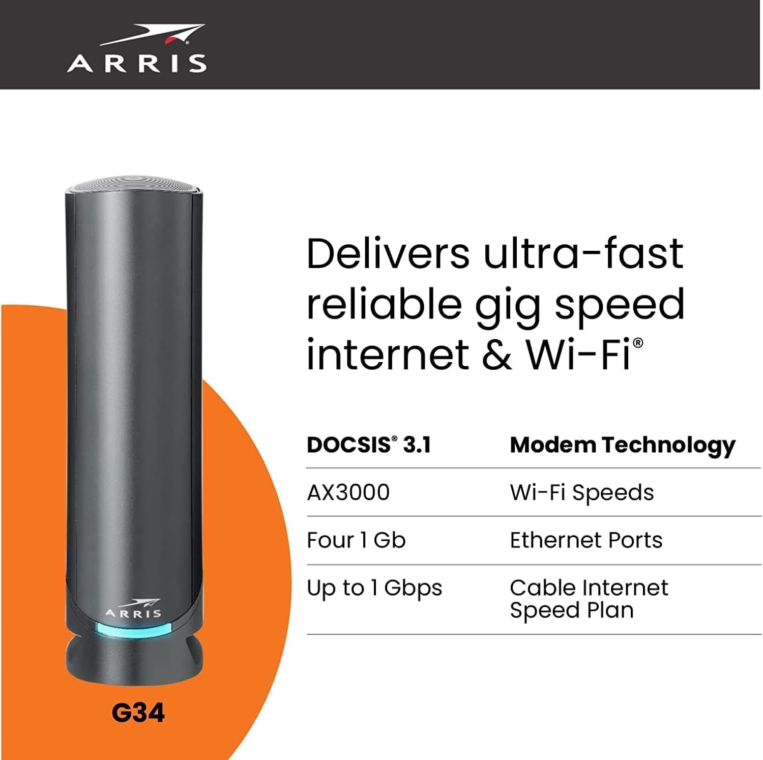 ARRIS SURFboard - SB8200 - Renewed - DOCSIS 3.1 Cable Modem, Approved for Comcast Xfinity, Cox, Charter Spectrum,  more, Two 1 Gbps Ports, 1 Gbps Max Internet Speeds, 4 OFDM Channels - Renewed