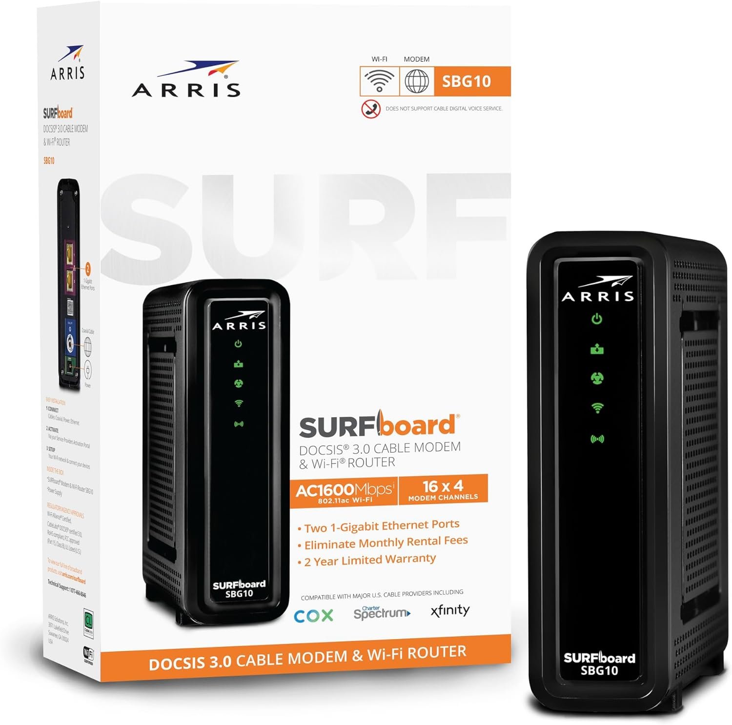 ARRIS SURFboard SBG10 DOCSIS 3.0 16 x 4 Gigabit Cable Modem  AC1600 Wi-Fi Router , Comcast Xfinity, Cox, Spectrum , Two 1 Gbps Ports , 400 Mbps Max Internet Speeds , SURFboard App