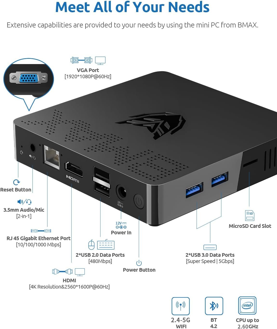 Bmax B1 Pro Mini PC Fanless N4000(up to 2.6GHz) 8GB LPDDR4 RAM/128GB eMMC Mini Desktop Computer WiFi5 HDMI/VGA Port 4K HD 2.4GHz/5GHz Dual WiFi BT4.2 Micro Pc Mini Computer