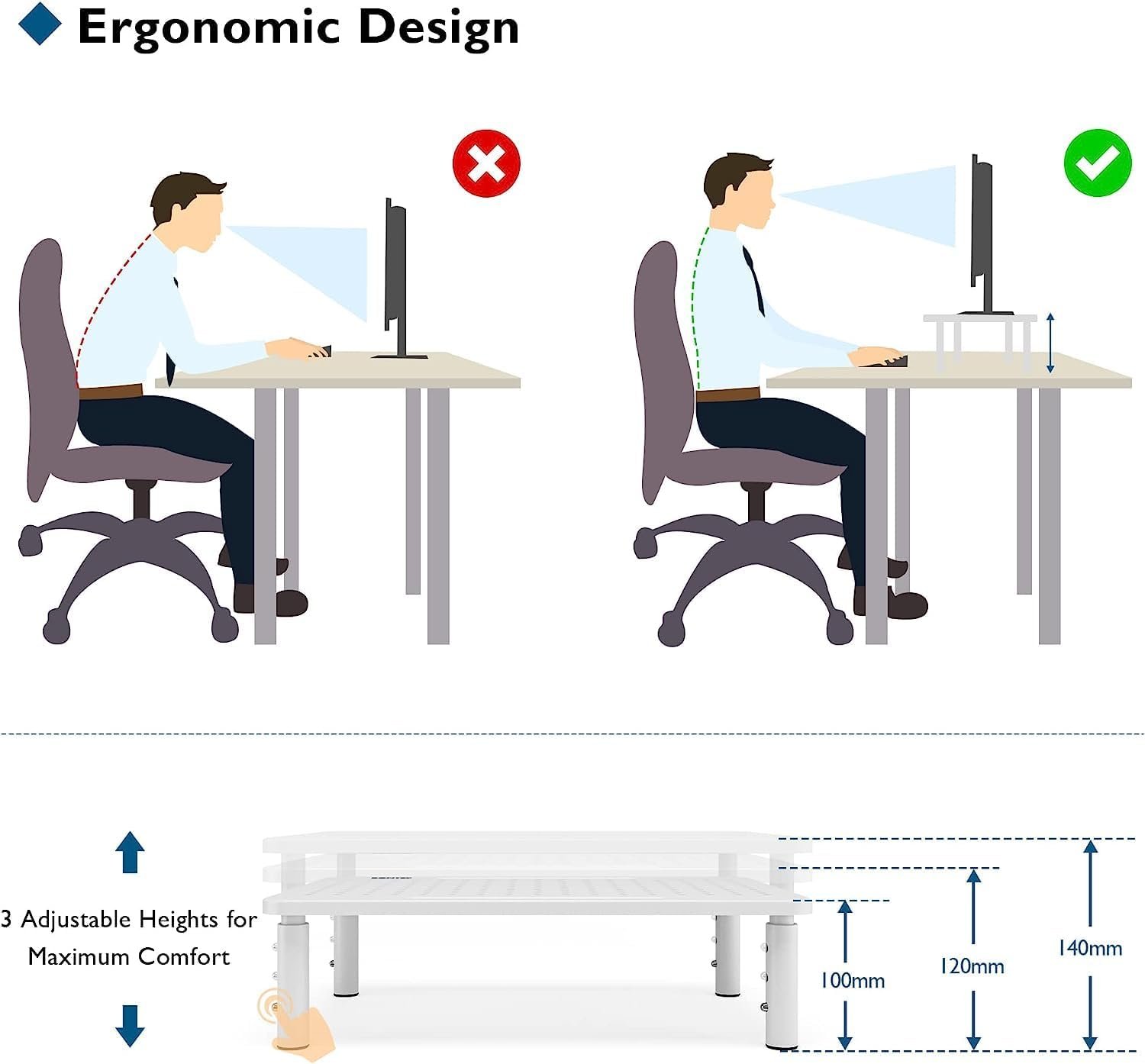 BONTEC 2 Pack Monitor Stand Riser, 3 Height Adjustable Monitor Stand with Pen Holder, Ergonomic Metal Laptop Stand with Cable Management, Great Computer Stand for Laptop, iMac, PC, Printer, 14.5 in