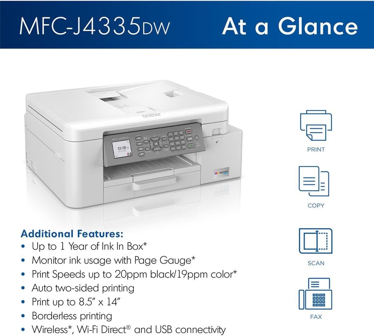 Brother MFC-J4335DW INKvestment Tank All-in-One Printer with Duplex and Wireless Printing Plus Up to 1-Year of Ink in-Box