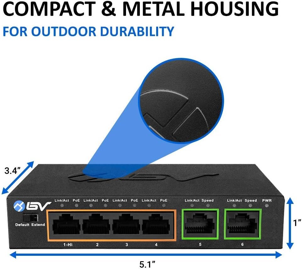 BV-Tech 6 Port PoE+ Switch (4 PoE+ Ports with 2 Ethernet Uplink and Extend Function) – 60W – 802.3at + 1 High Power PoE Port| Desktop Fanless Design | Plug  Play | Sturdy Metal Housing