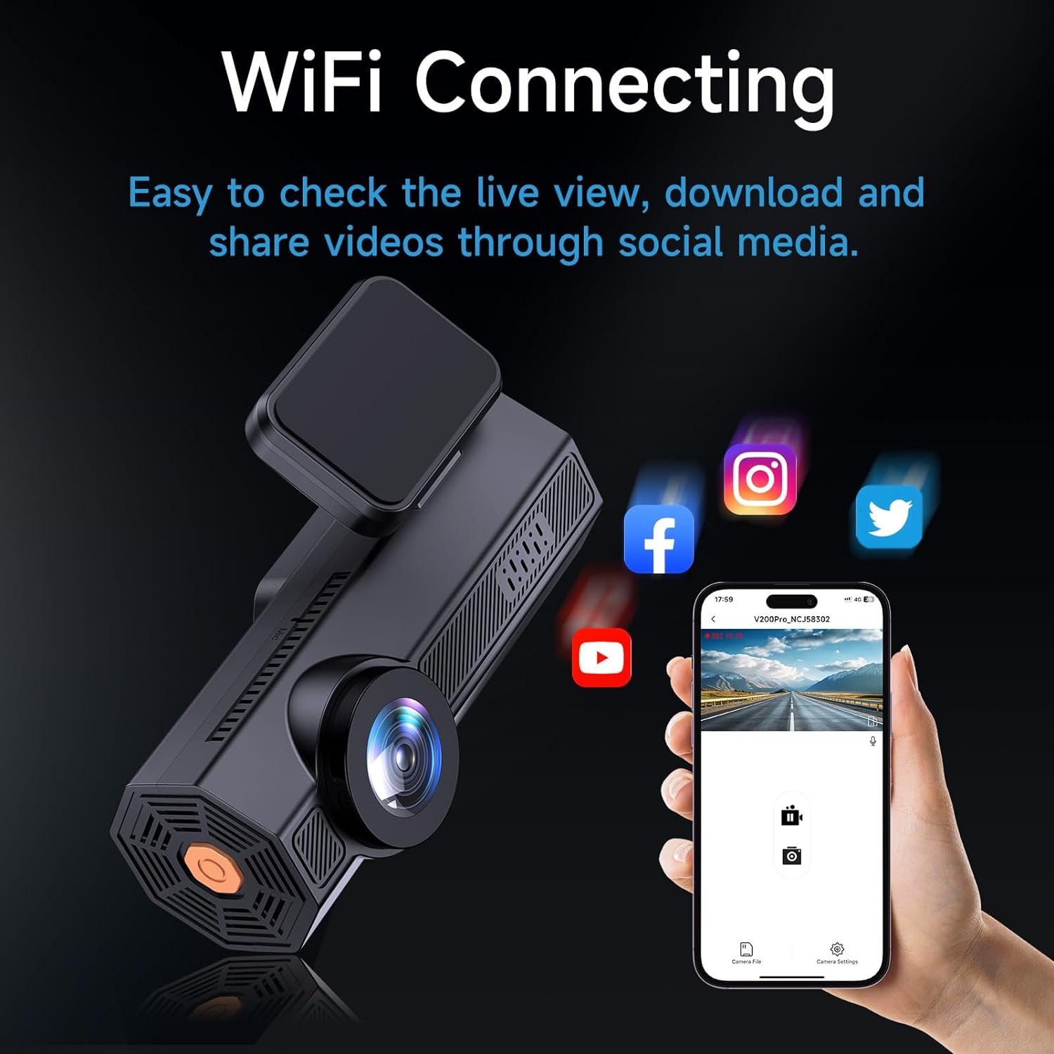 Dash Cam Front 2.5K: Mini Dash Cam for Cars, 1440P Car Camera with APP, WiFi Dash Cam with WDR Night Vision, 24 Hours Parking Monitor Dashcams, 160°Wide, G-Sensor