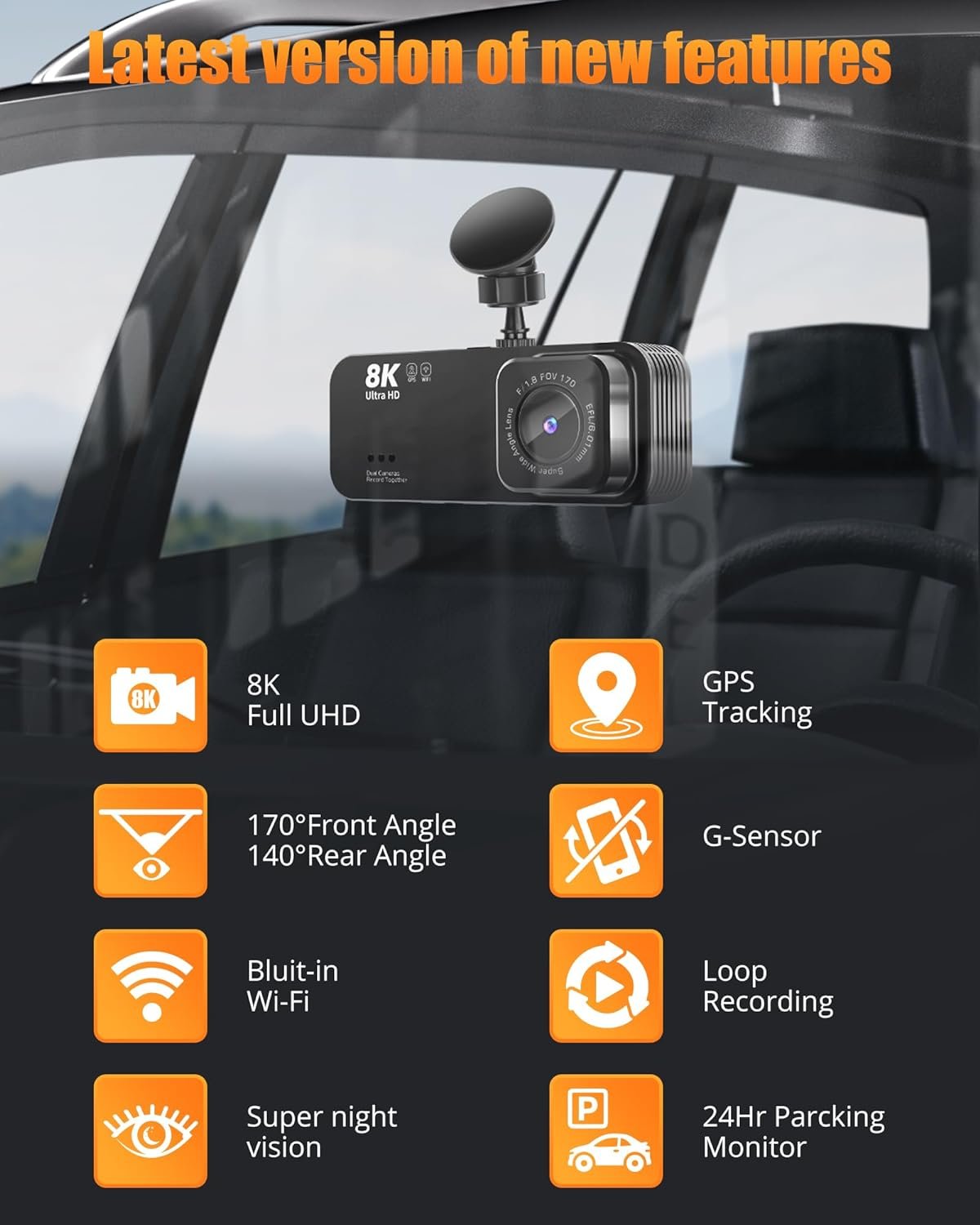 Dash Camera for Cars, 8K Full UHD Dash Cam Front and Rear Inside with App,Car Camera with Free 32GB SD Card,Built-in Wi-Fi GPS,3.16”IPS Screen,170°Wide Angle,WDR,24H Parking Mode,Night Vision