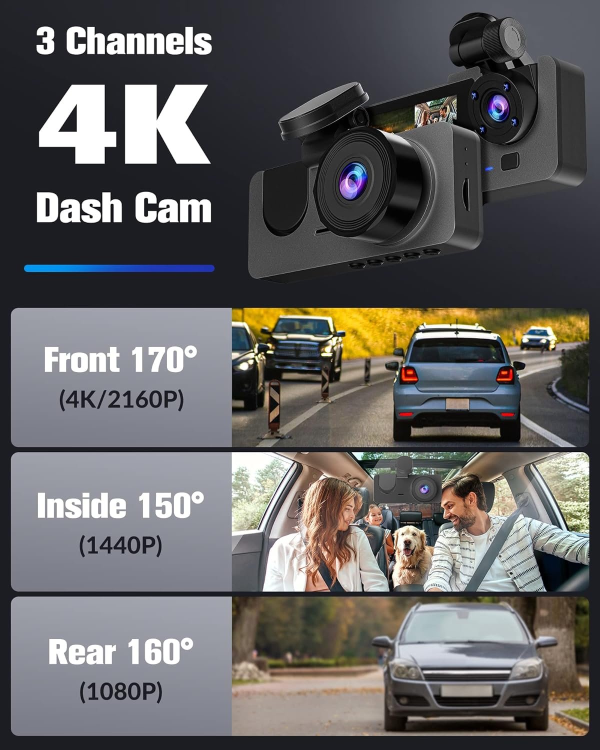 Dash Camera for Cars,4K Full UHD Car Camera Front Rear with Free 32GB SD Card,Built-in Super Night Vision,2.0 IPS Screen,170°Wide Angle,WDR, 24H Parking Mode, Loop Recording