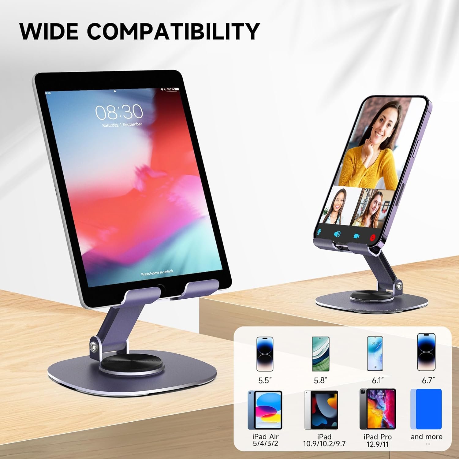 Dual Folding Cell Phone Stand, Steel Phone Stand for Desk, Fully Foldable Phone Holder Office Desk Accessories 360° Rotation Cellphone Cradle Compatible for All Mobile Phone, iPhone, Switch, iPad