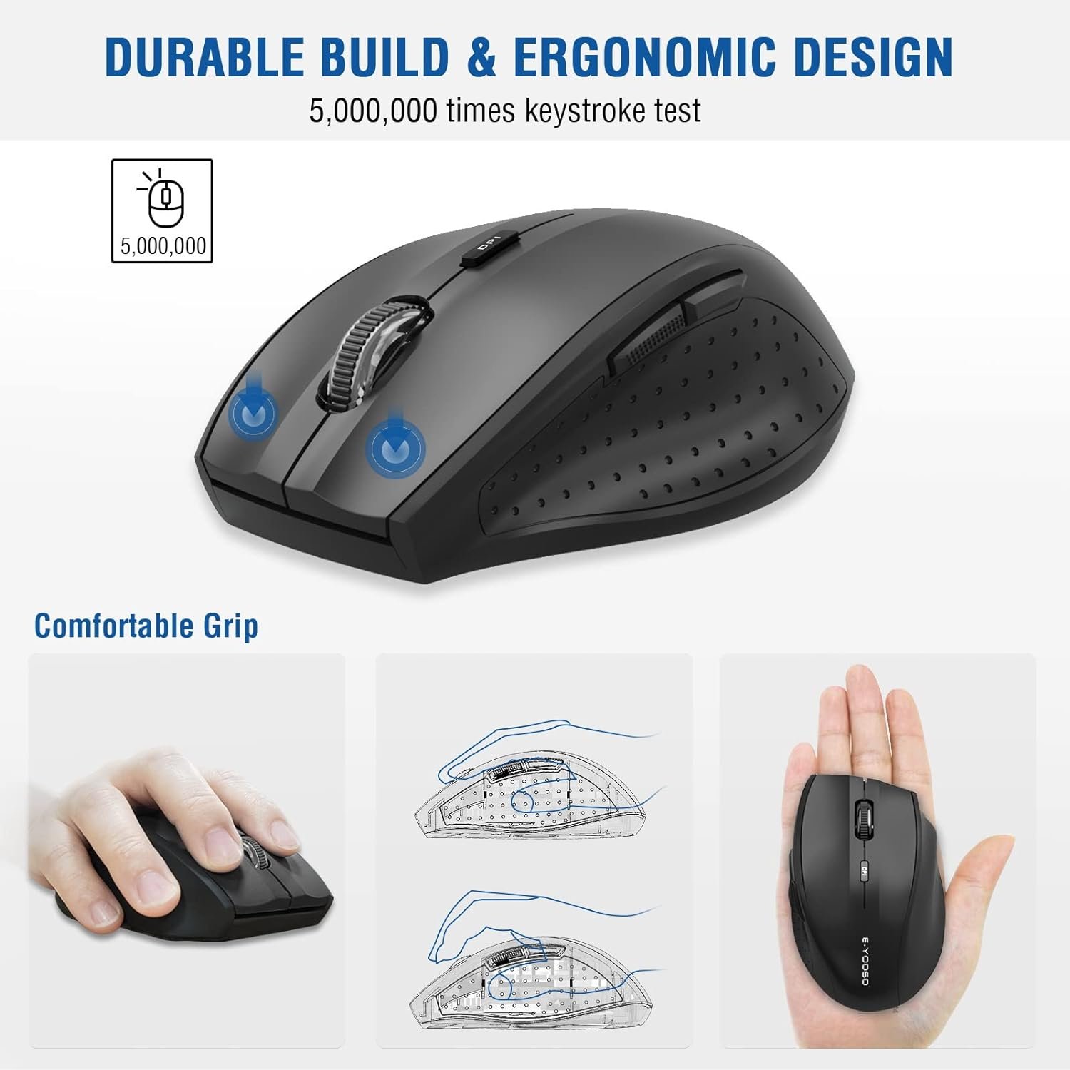 E-YOOSO Wireless Mouse, Computer Mouse 18 Months Battery Life Cordless Mouse, 5 Level 4800 DPI, 6 Button Ergo Wireless Mice, 2.4G Portable USB Wireless Mouse for Laptop, Mac, Chromebook, PC, Windows