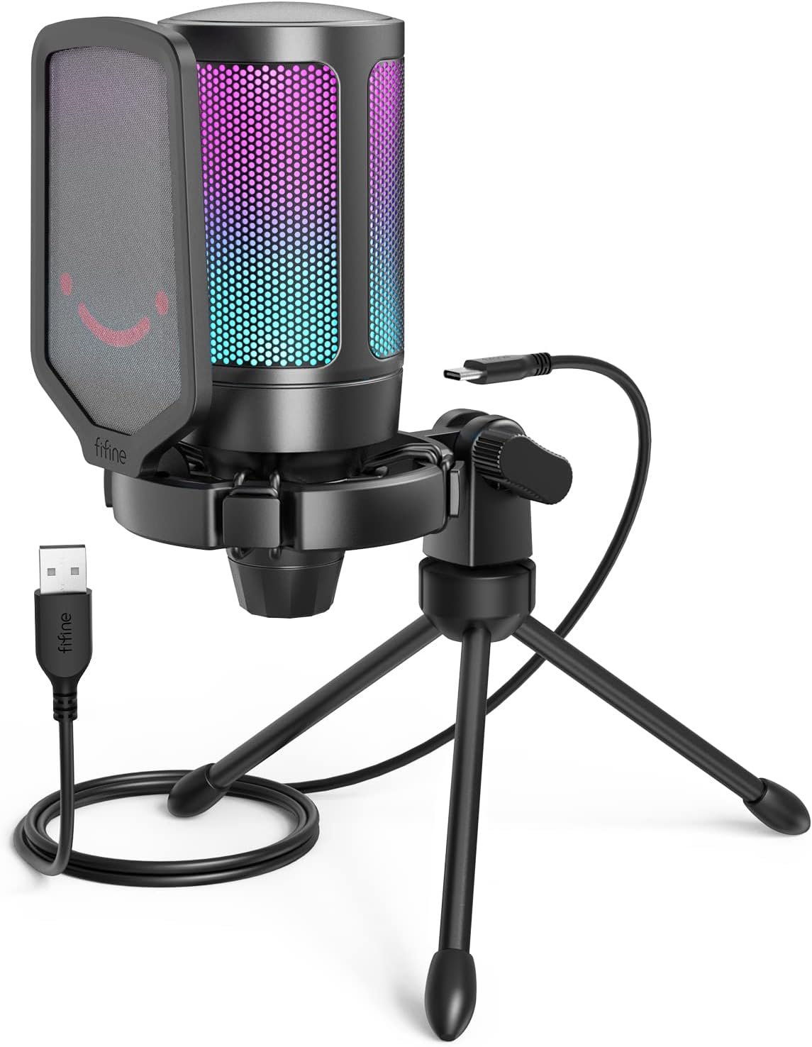 FIFINE Gaming USB Microphone for PC PS5, Condenser Mic with Quick Mute, RGB Indicator, Tripod Stand, Pop Filter, Shock Mount, Gain Control for Streaming Discord Twitch Podcasts Videos- AmpliGame