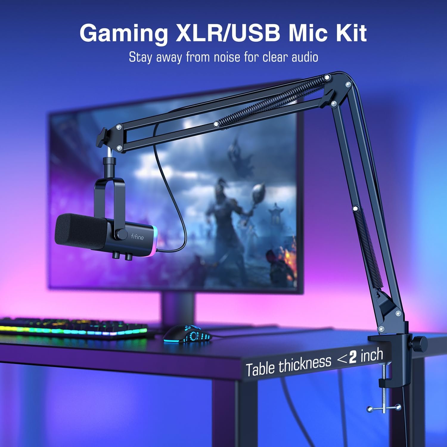 FIFINE XLR/USB Gaming Microphone Set, Dynamic PC Mic for Streaming Podcasting, Computer RGB Mic Kit with Boom Arm Stand, Mute Button, Headphones Jack, for Recording Vocal Voice-Over-AmpliGame AM8T