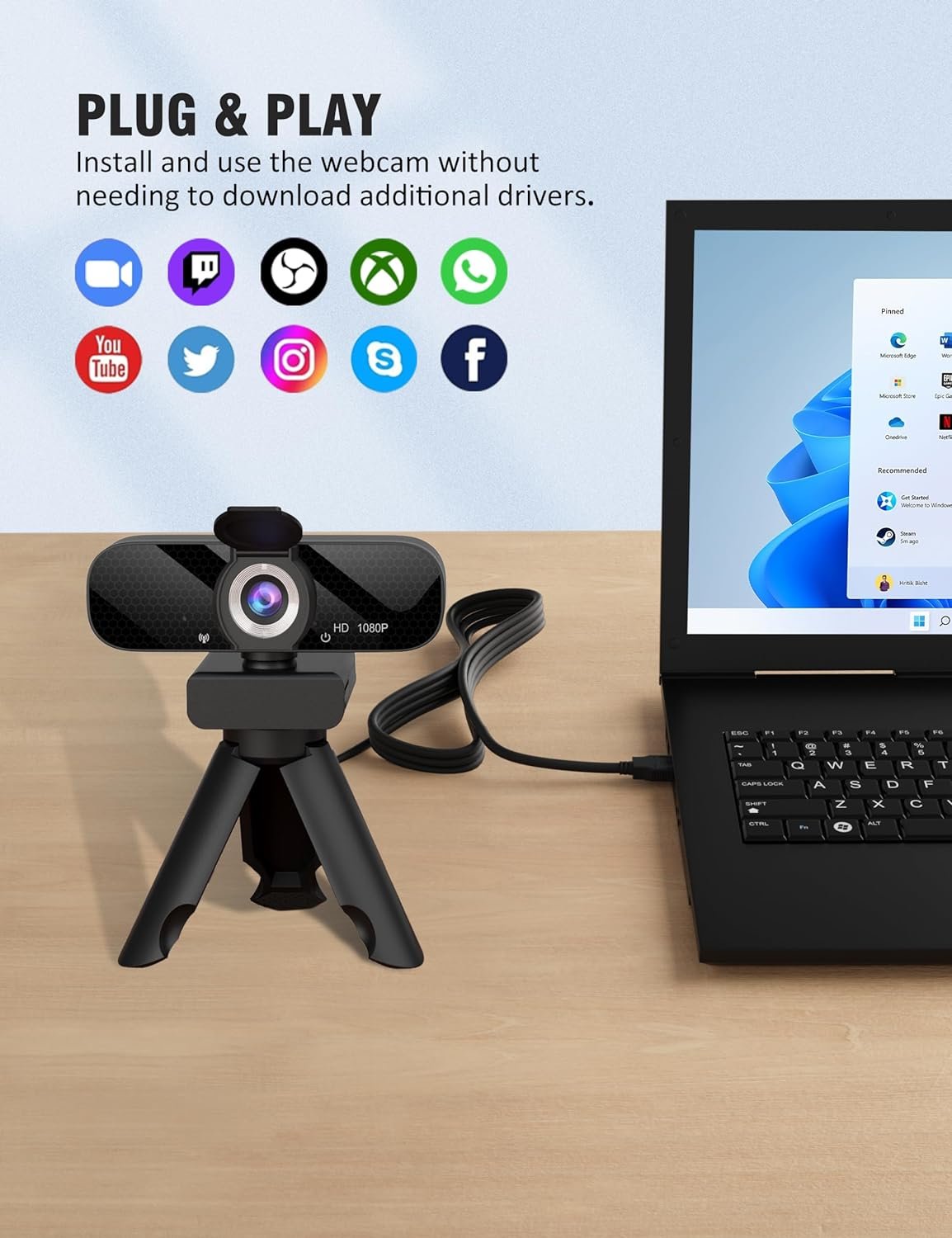 Full HD Webcam with Built-in Microphone and Rotatable Tripod, 1080P Video and Wide Angle Camera, Privacy Cover, for Desktop PC or Laptop Computer