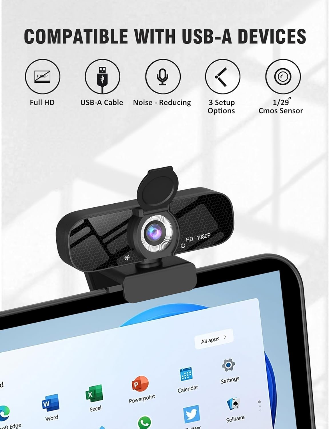 Full HD Webcam with Built-in Microphone and Rotatable Tripod, 1080P Video and Wide Angle Camera, Privacy Cover, for Desktop PC or Laptop Computer