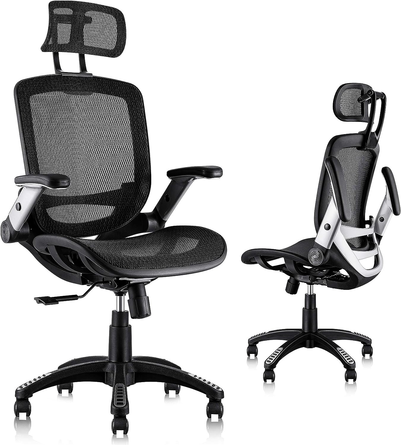 GABRYLLY Ergonomic Mesh Office Chair, High Back Desk Chair - Adjustable Headrest with Flip-Up Arms, Tilt Function, Lumbar Support and PU Wheels, Swivel Computer Task Chair