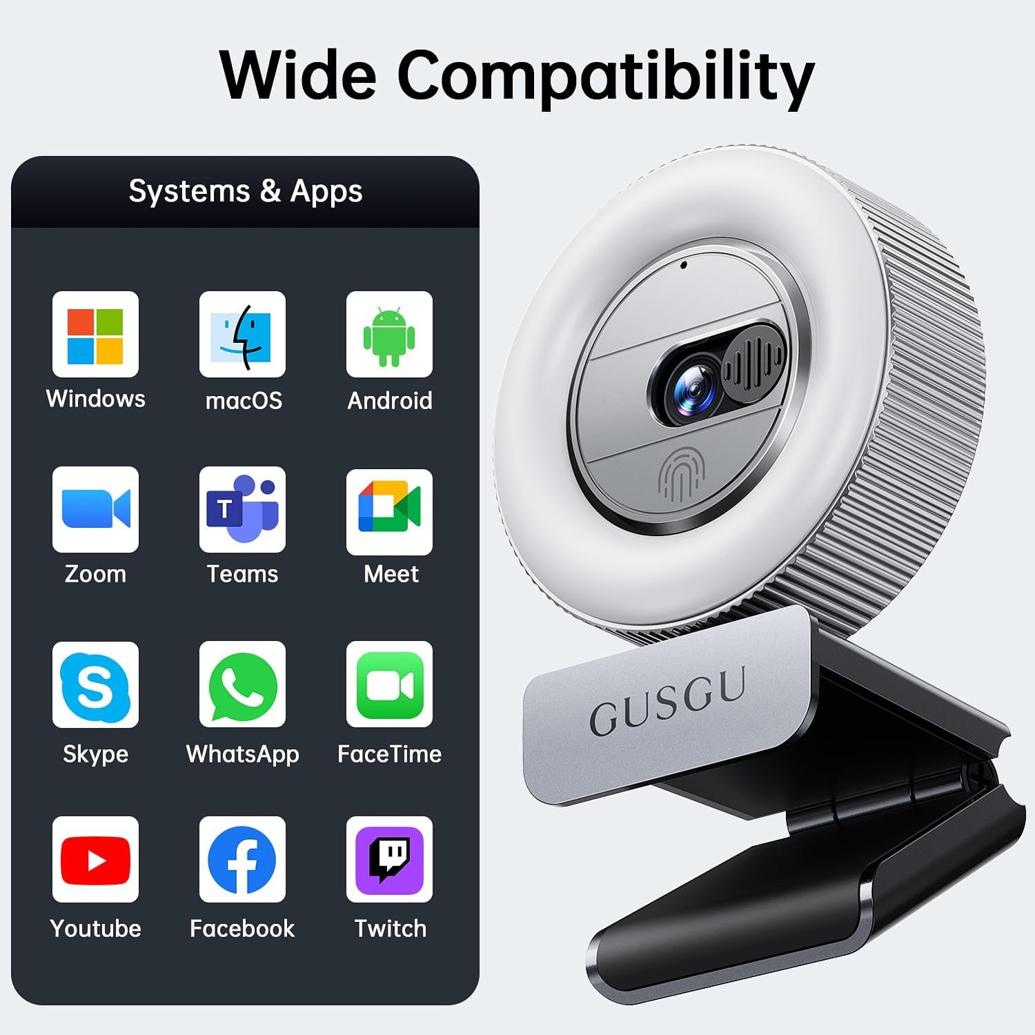 GUSGU G910 1440P Quad HD Webcam for PC, with Microphone  Light  Privacy Cover, Web Camera for Desktop Computer/Laptop/MacBook, USB Streaming Camera