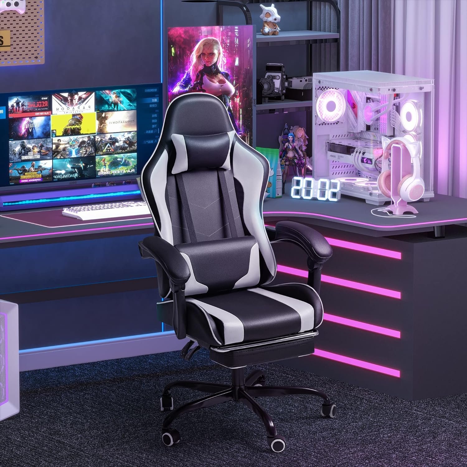 Homall Gaming Chair, Video Game Chair with Footrest and Massage Lumbar Support, Ergonomic Computer Chair Height Adjustable with Swivel Seat and Headrest (Black)