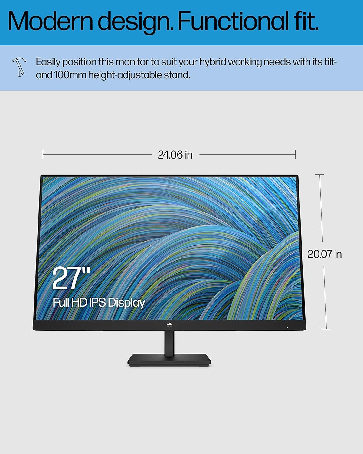 HP 27h Full HD Monitor - Diagonal - IPS Panel  75Hz Refresh Rate - Smooth Screen - 3-Sided Micro-Edge Bezel - 100mm Height/Tilt Adjust - Built-in Dual Speakers - for Hybrid Workers,Black