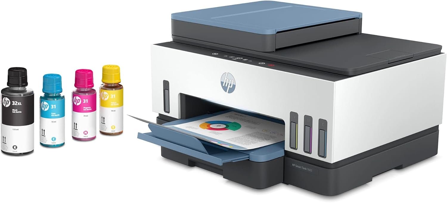 HP Smart -Tank 7602 Wireless Cartridge-free all in one printer, up to 2 years of ink included, mobile print, scan, copy, fax, auto doc feeder, featuring an app-like magic touch panel (28B98A)