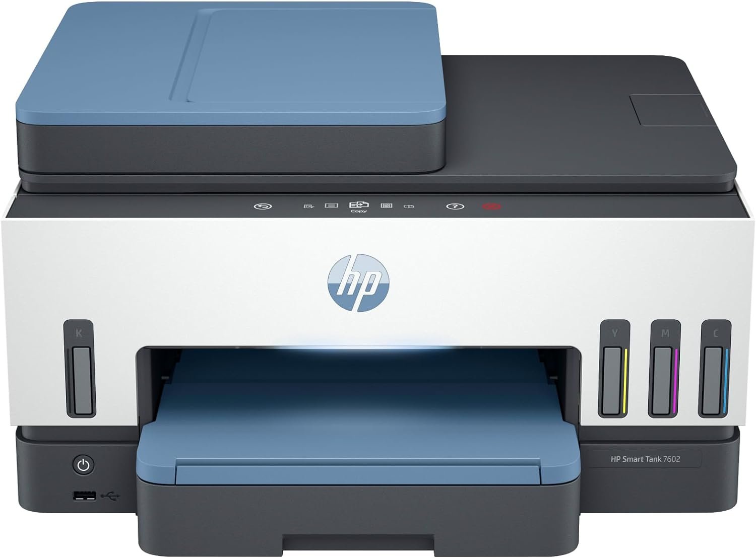 HP Smart -Tank 7602 Wireless Cartridge-free all in one printer, up to 2 years of ink included, mobile print, scan, copy, fax, auto doc feeder, featuring an app-like magic touch panel (28B98A)