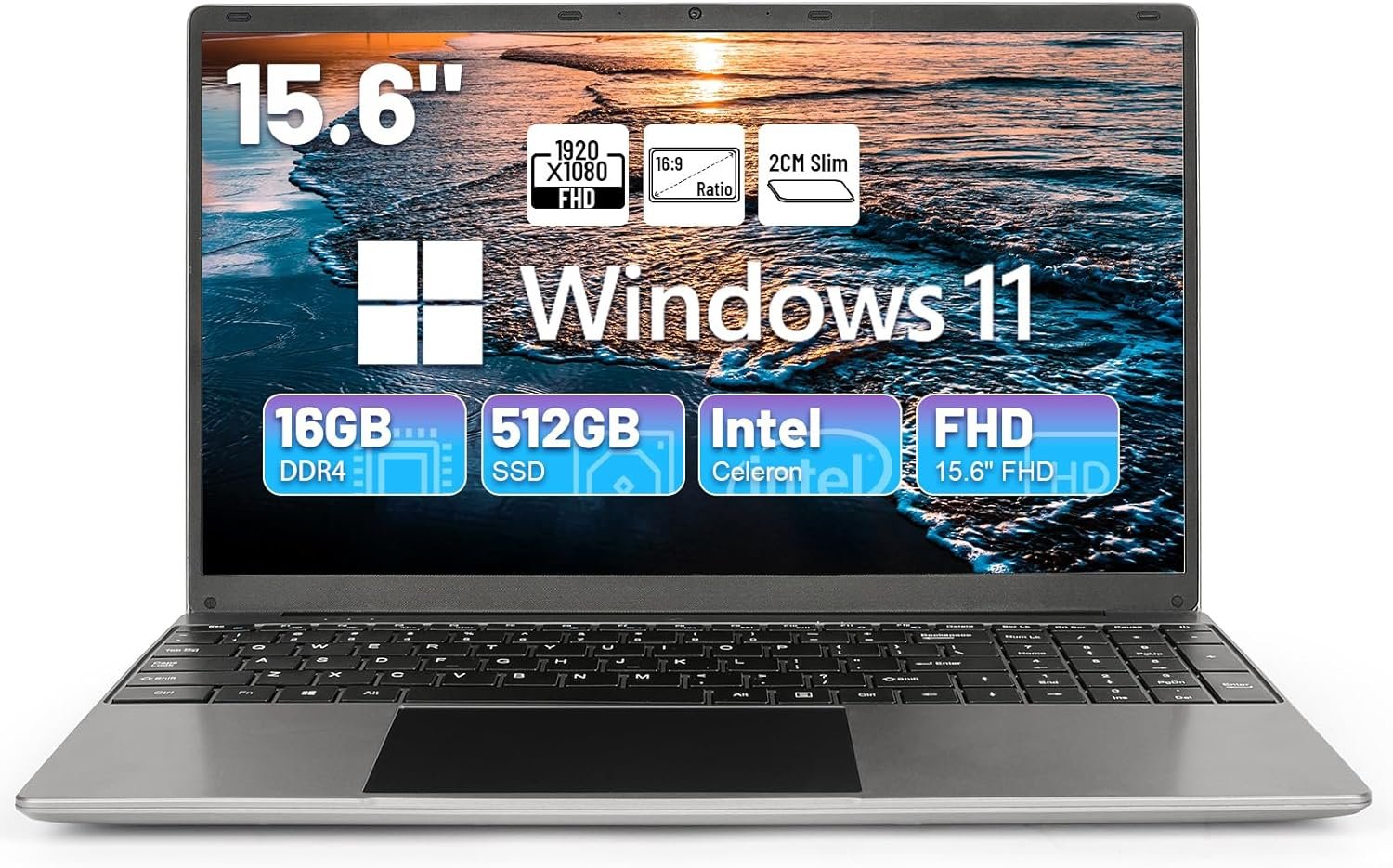 Laptop Computer, 15.6 Laptops, Intel Celeron Quad-Core Processors, 8GB RAM 256GB ROM, 1366 * 768 IPS, Large Battery Capacity, WiFi, Bluetooth, Type-C, TF Card