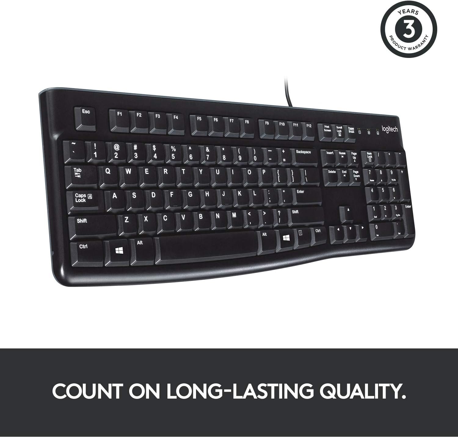 Logitech K120 Wired Keyboard for Windows, Plug and Play, Full-Size, Spill-Resistant, Curved Space Bar, Compatible with PC, Laptop - Black