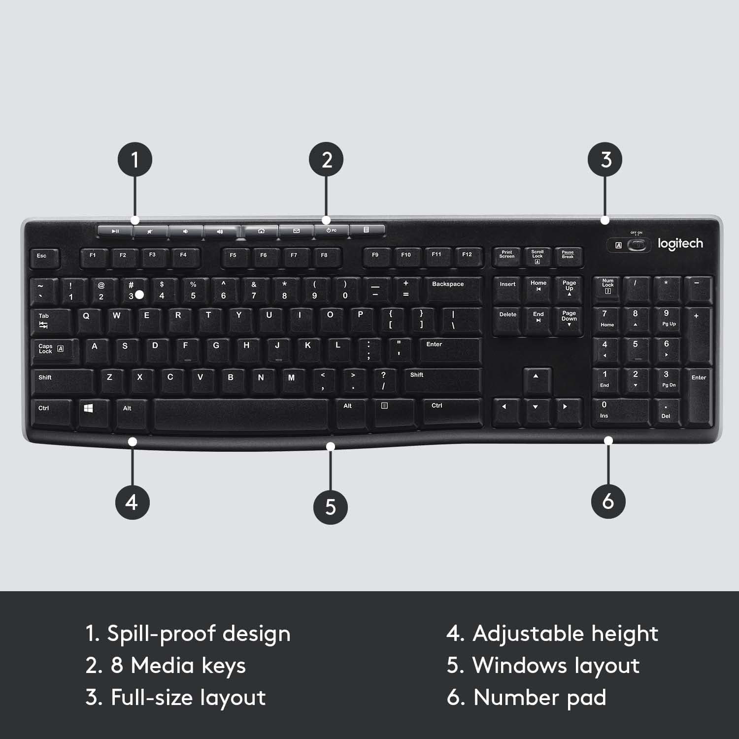 Logitech K270 Wireless Keyboard for Windows, 2.4 GHz Wireless, Full-Size, Number Pad, 8 Multimedia Keys, 2-Year Battery Life, Compatible with PC, Laptop, Black