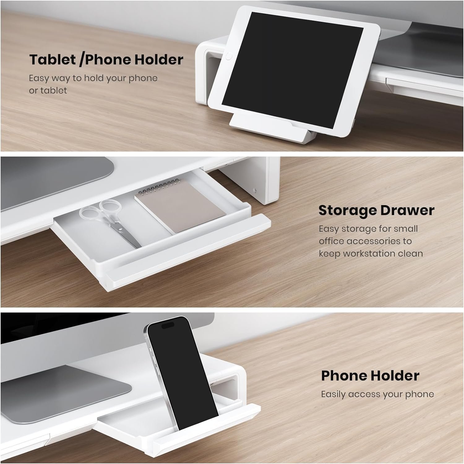 Monitor Stand Riser, Klearlook Foldable, Height Adjustable Computer Stand, Desk Shelf Riser with Storage Drawer Tablet Phone Stand for Desktop, Laptop (White)