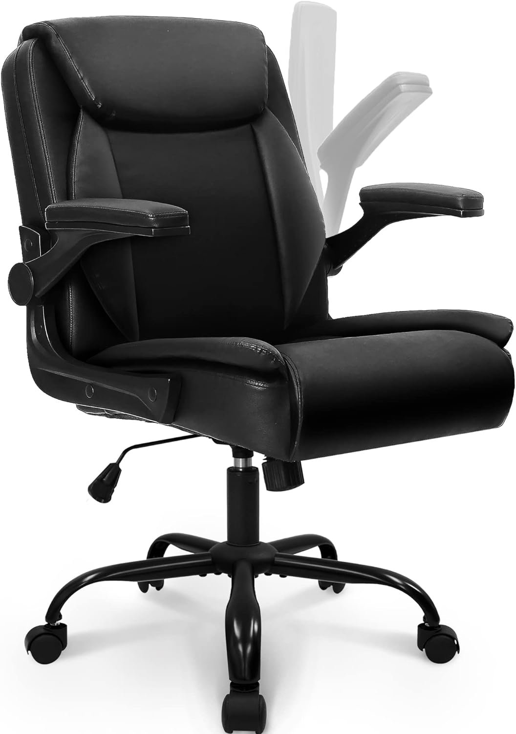 NEO CHAIR Office Chair Adjustable Desk Chair Mid Back Executive Comfortable PU Leather Ergonomic Gaming Back Support Home Computer with Flip-up Armrest Swivel Wheels (Jet Black)