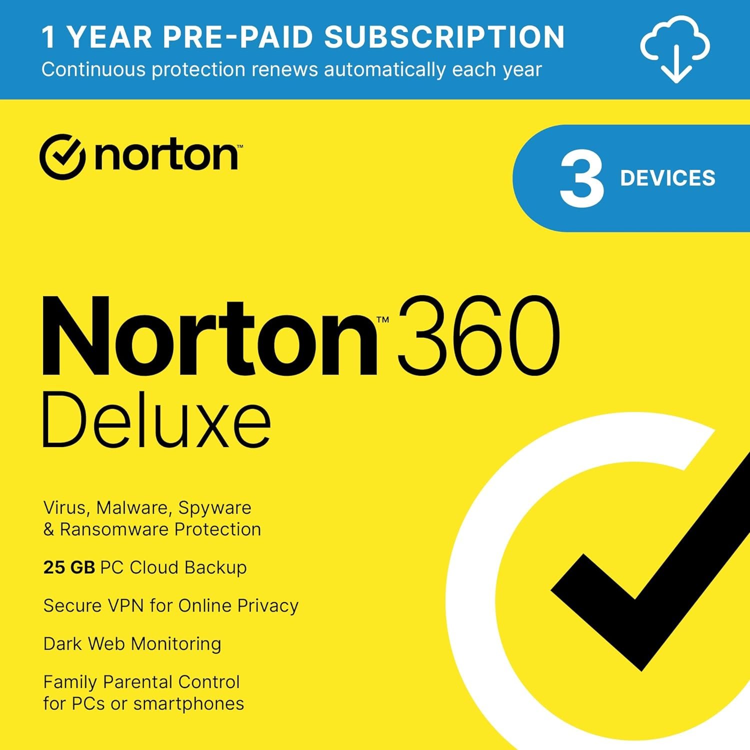 Norton 360 Deluxe 2024, Antivirus software for 3 Devices with Auto Renewal - Includes VPN, PC Cloud Backup  Dark Web Monitoring [Key Card]