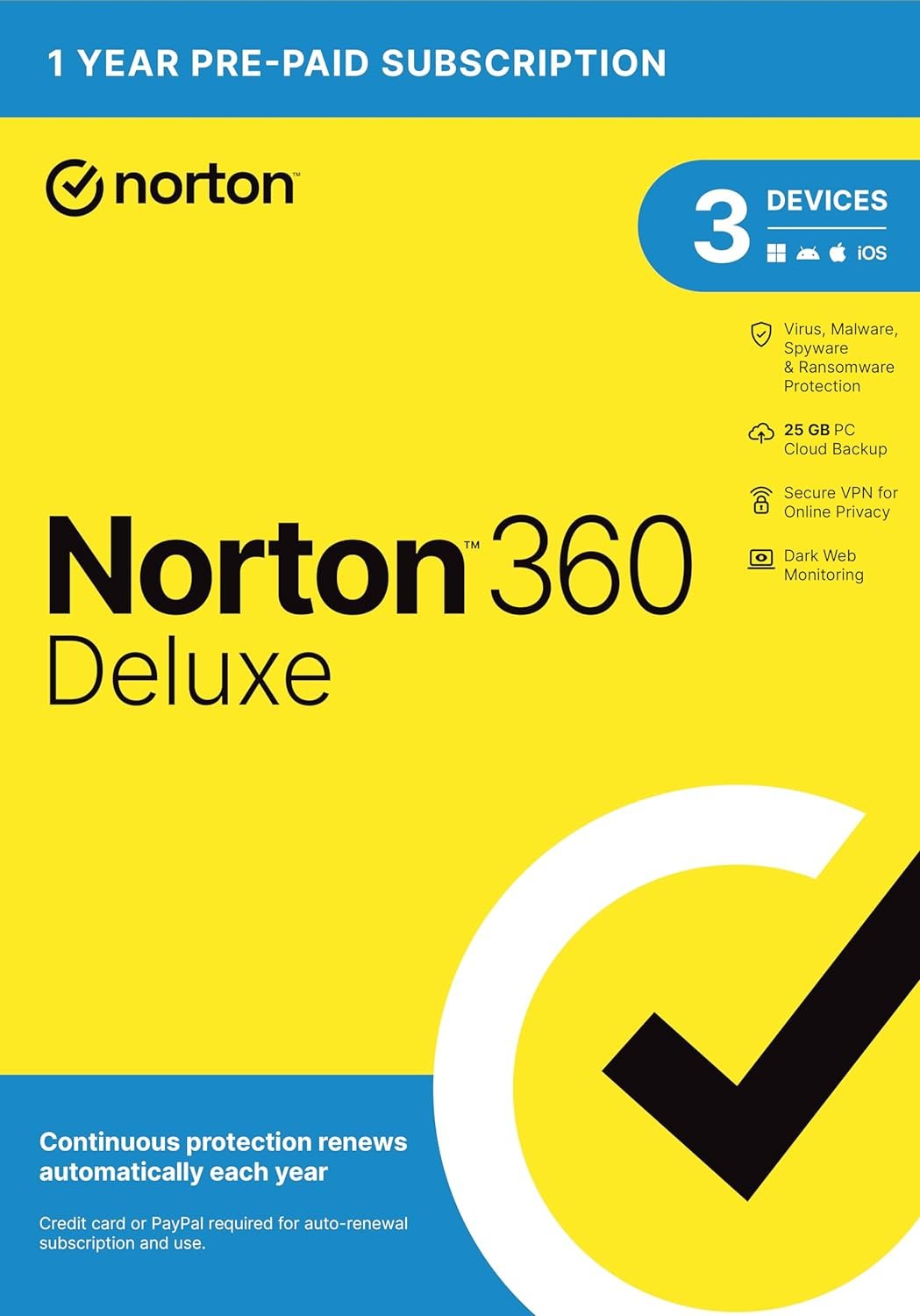 Norton 360 Deluxe 2024, Antivirus software for 3 Devices with Auto Renewal - Includes VPN, PC Cloud Backup  Dark Web Monitoring [Key Card]