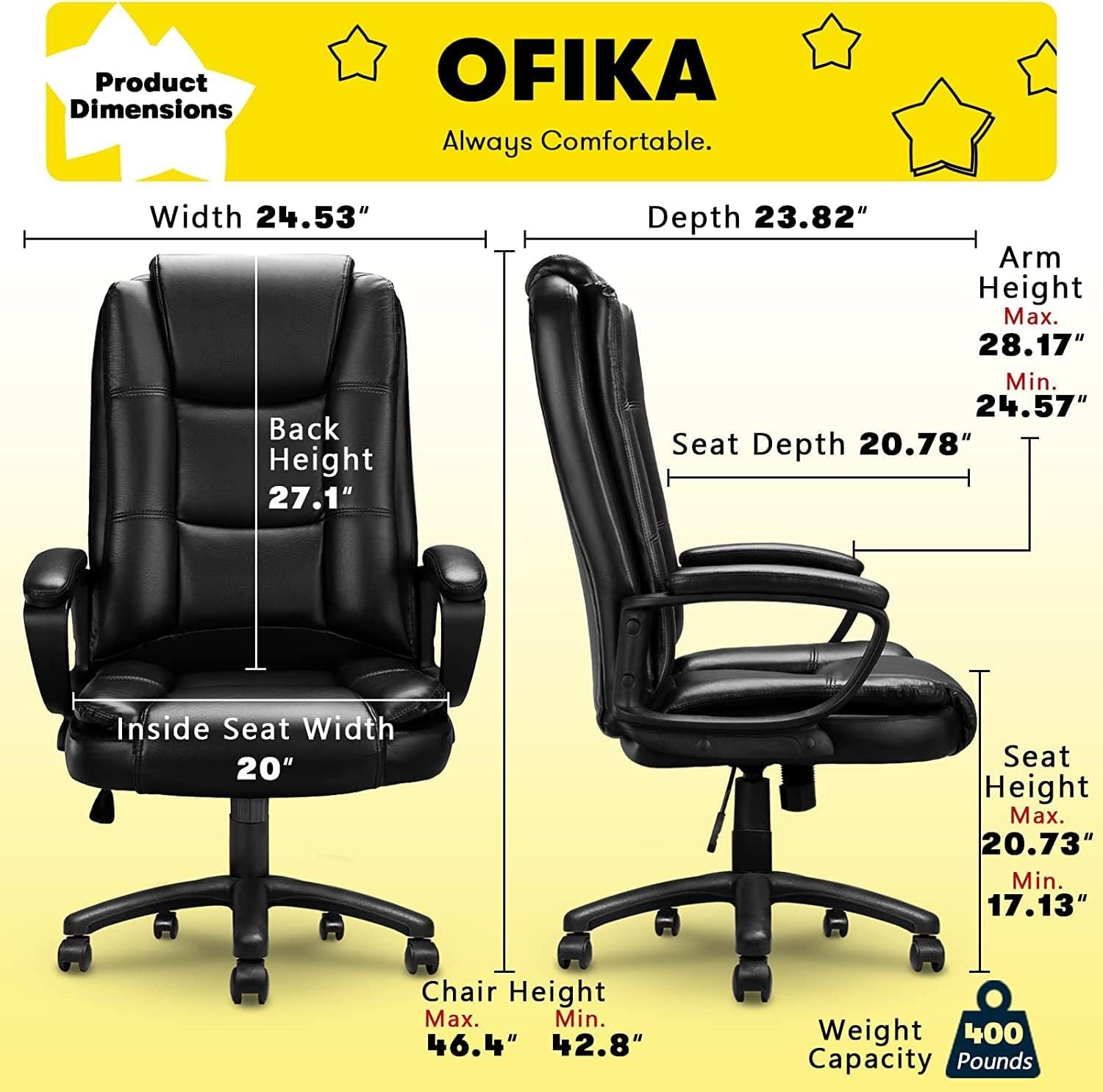 OFIKA Home Office Chair, 400LBS Big and Tall Heavy Duty Design, Ergonomic High Back Cushion Lumbar Back Support, Computer Desk, Adjustable Executive Leather Chair with Armrest