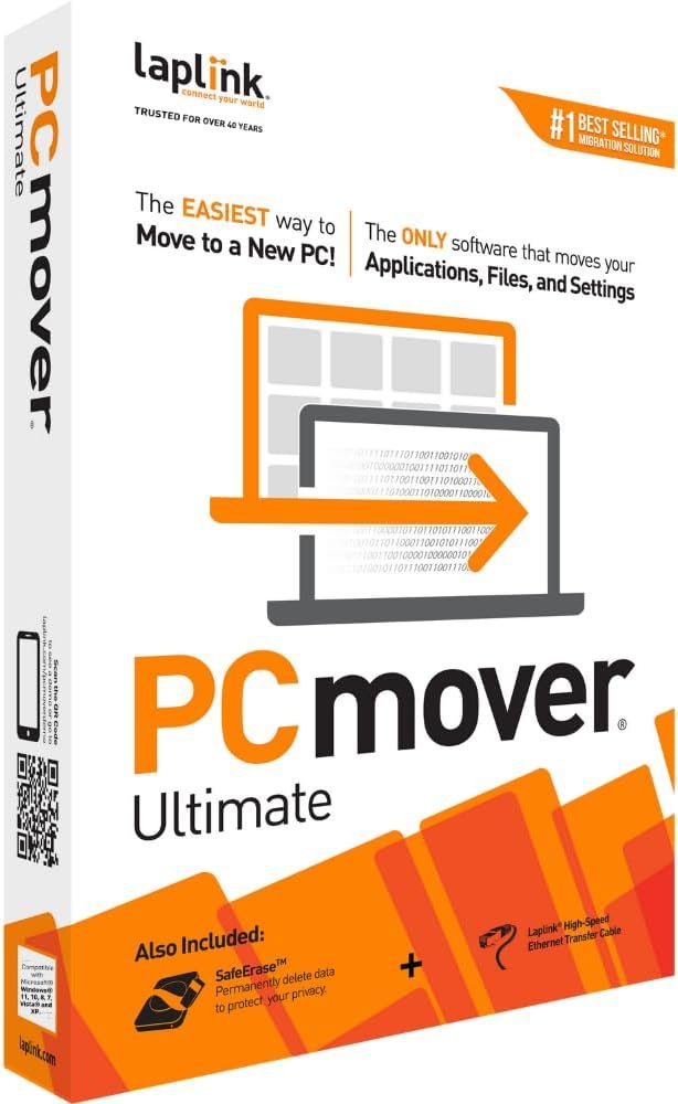 PCmover Ultimate 11 - Easily Move your Applications - Files and Settings from an Old PC to a New PC - Includes Optional Ethernet Cable - 1 Use